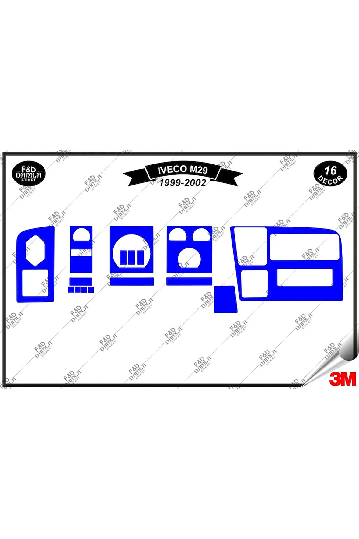 Iveco M29 1999-2002 Torpido Konsol Trim Göğüs Maun Kaplama Set 16 Parça Mavi