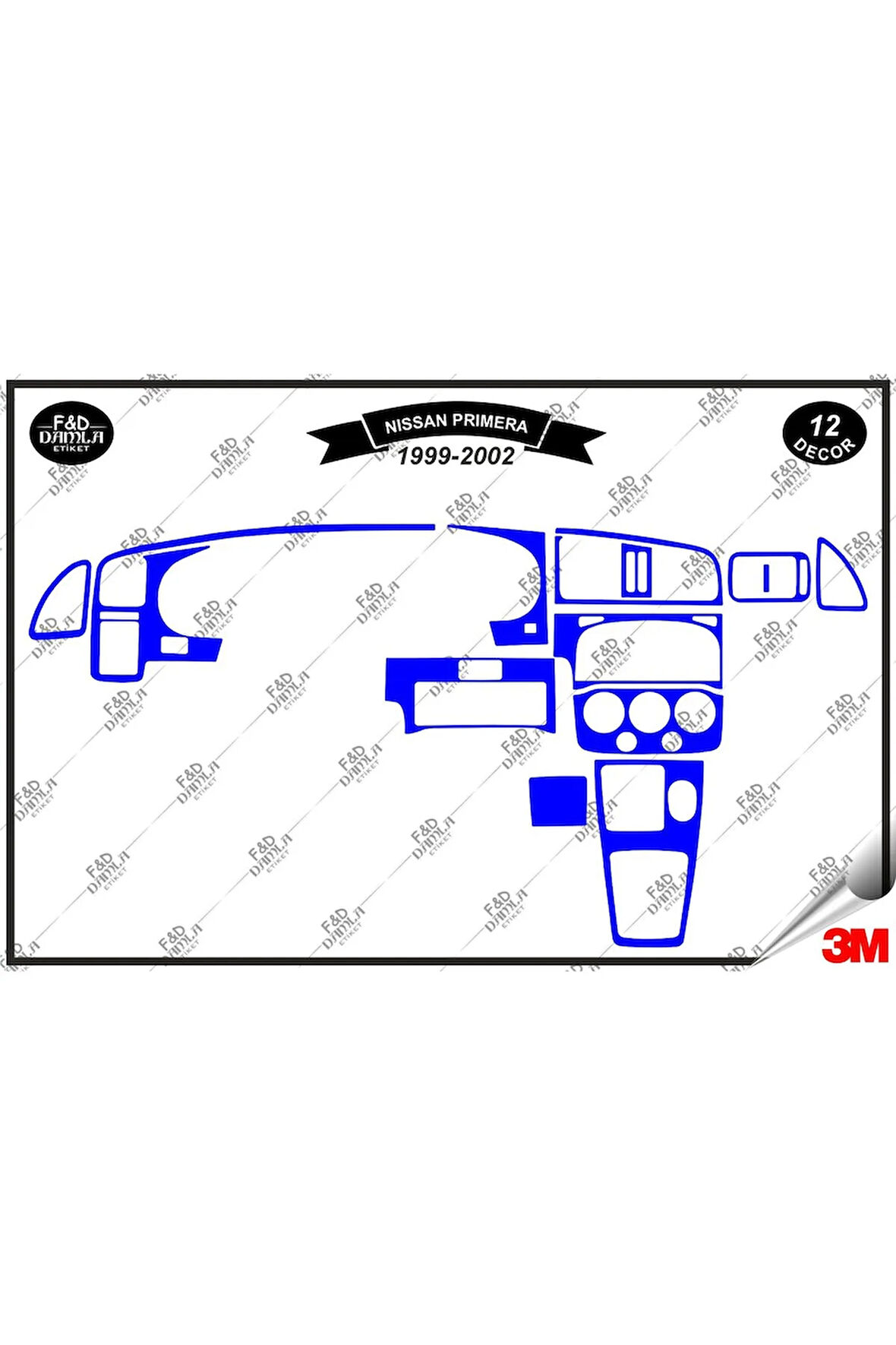 Nissan Primera 1999-2002 Torpido Konsol Trim Göğüs Maun Kaplama Set 12 Parça Mavi