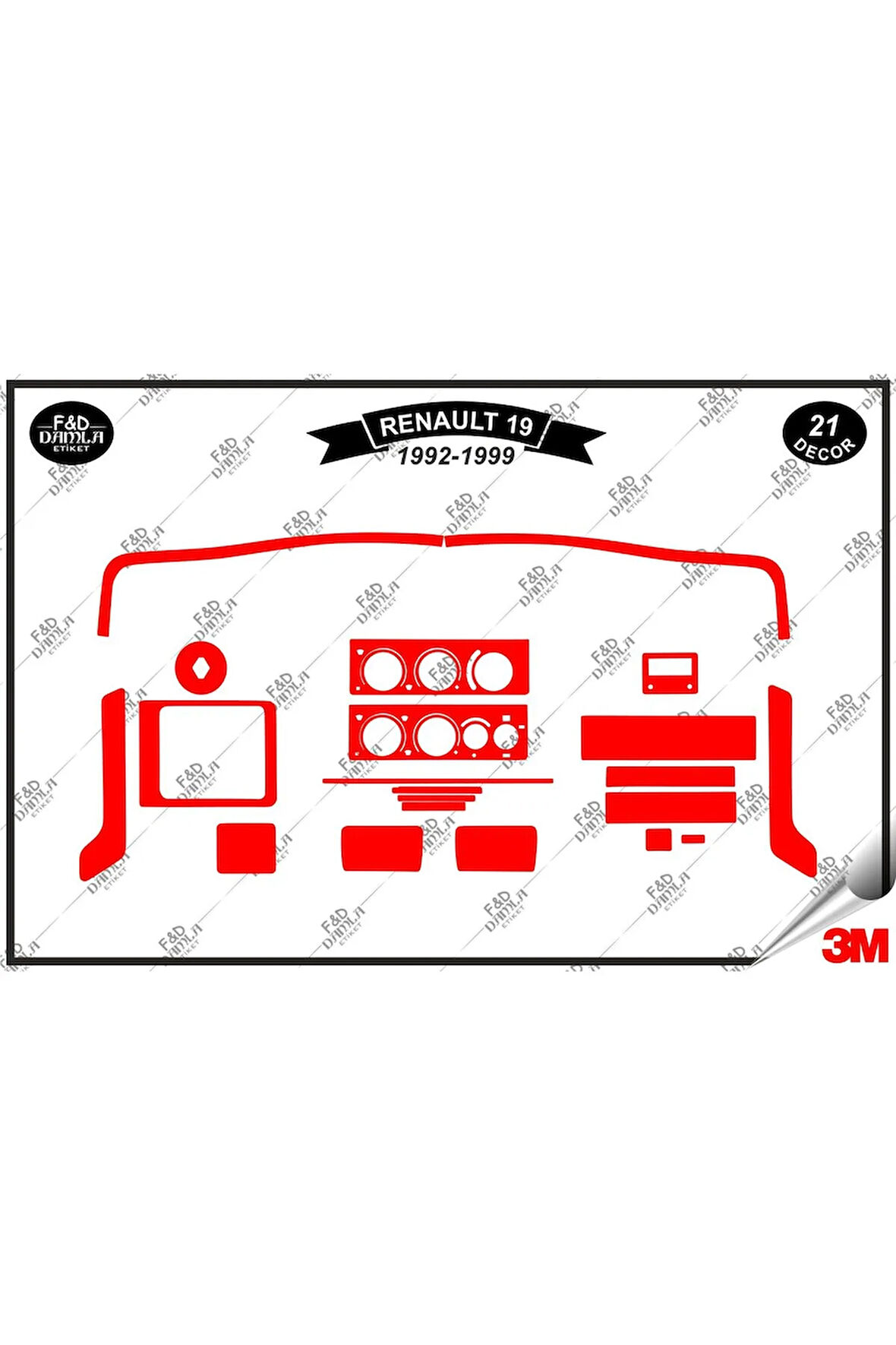 Renault 19 1992-1999 Torpido Konsol Trim Göğüs Maun Kaplama Set 21 Parça Kırmızı