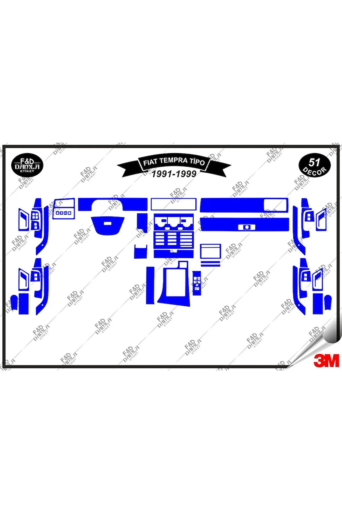 Fiat Tempra Tipo 1991-1999 Torpido Konsol Trim Göğüs Maun Kaplama Set 51 Parça Mavi