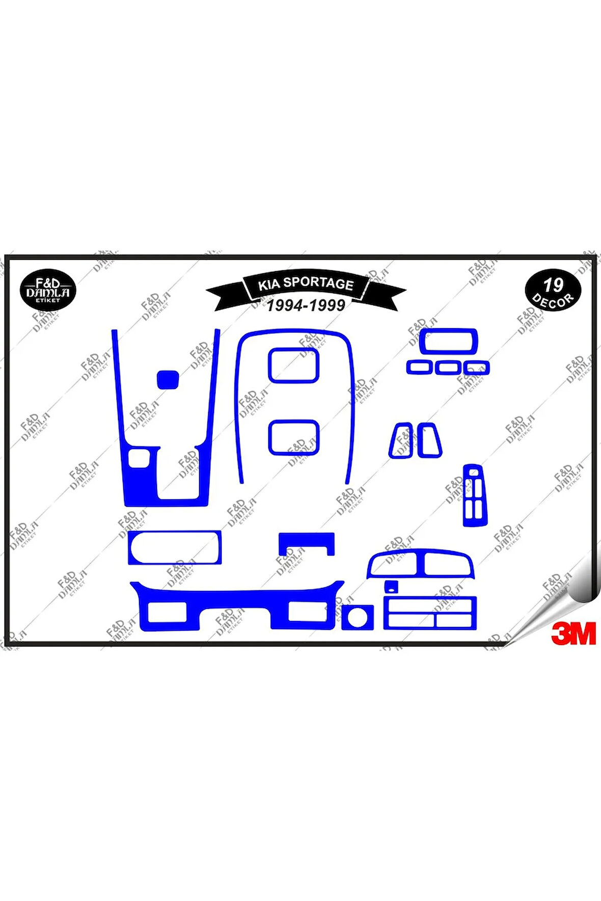 Kia Sportage 1994-1999 Torpido Konsol Trim Göğüs Maun Kaplama Set 19 Parça Mavi