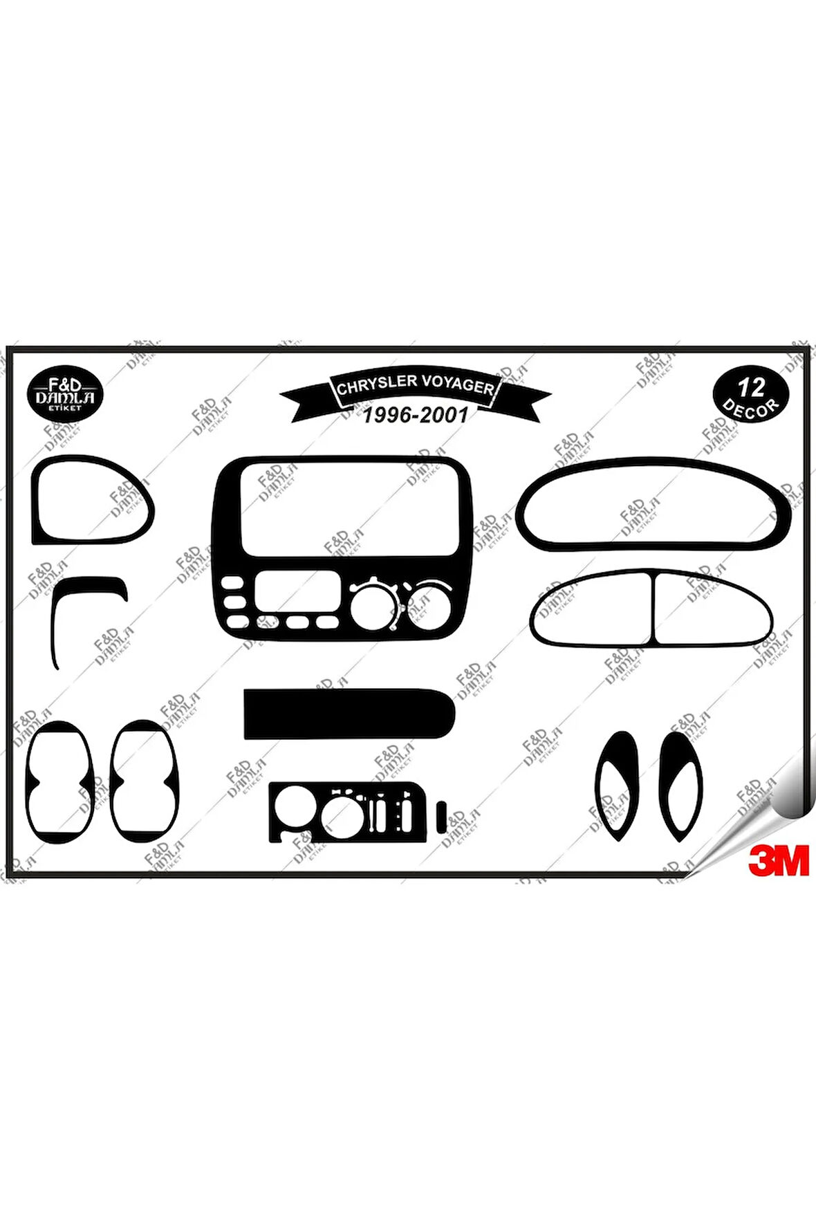 Chrysler Voyager 1996-2001 Torpido Konsol Trim Göğüs Maun Kaplama Set 12 Parça Siyah