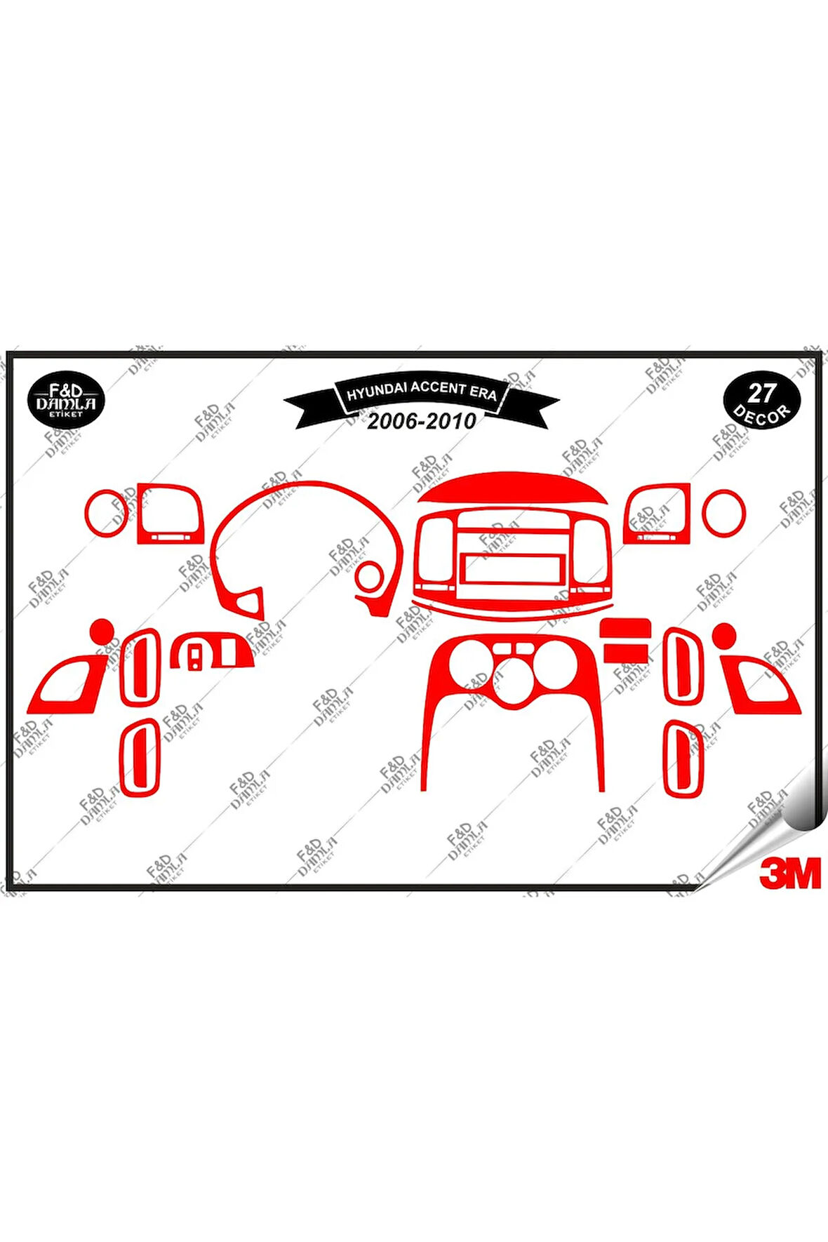Hyundai Accent Era  2006-2010 Torpido Konsol Trim Göğüs Maun Kaplama Set 27 Parça Kırmızı