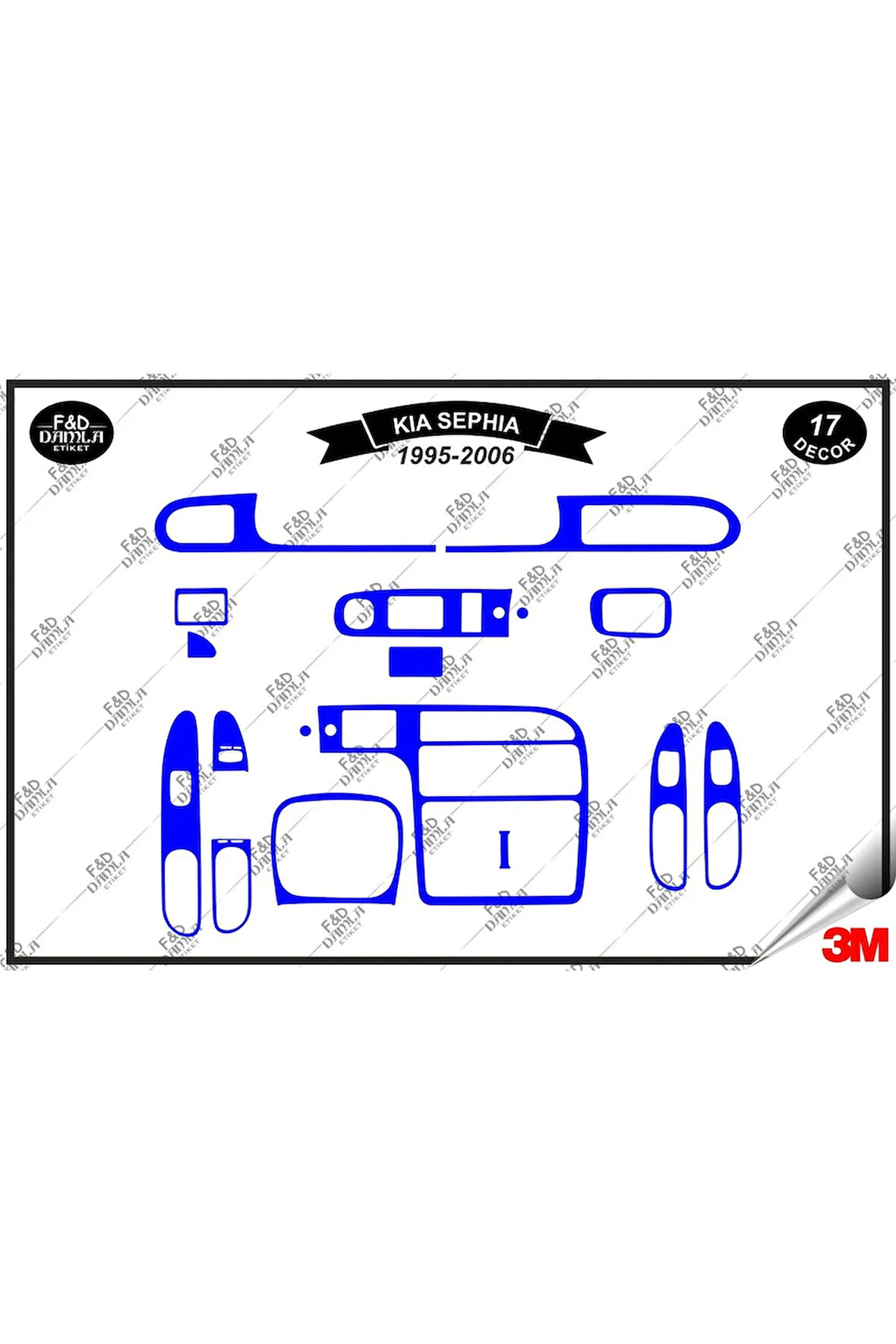 Kia Sephia 1995-2006 Torpido Konsol Trim Göğüs Maun Kaplama Set 17 Parça Mavi