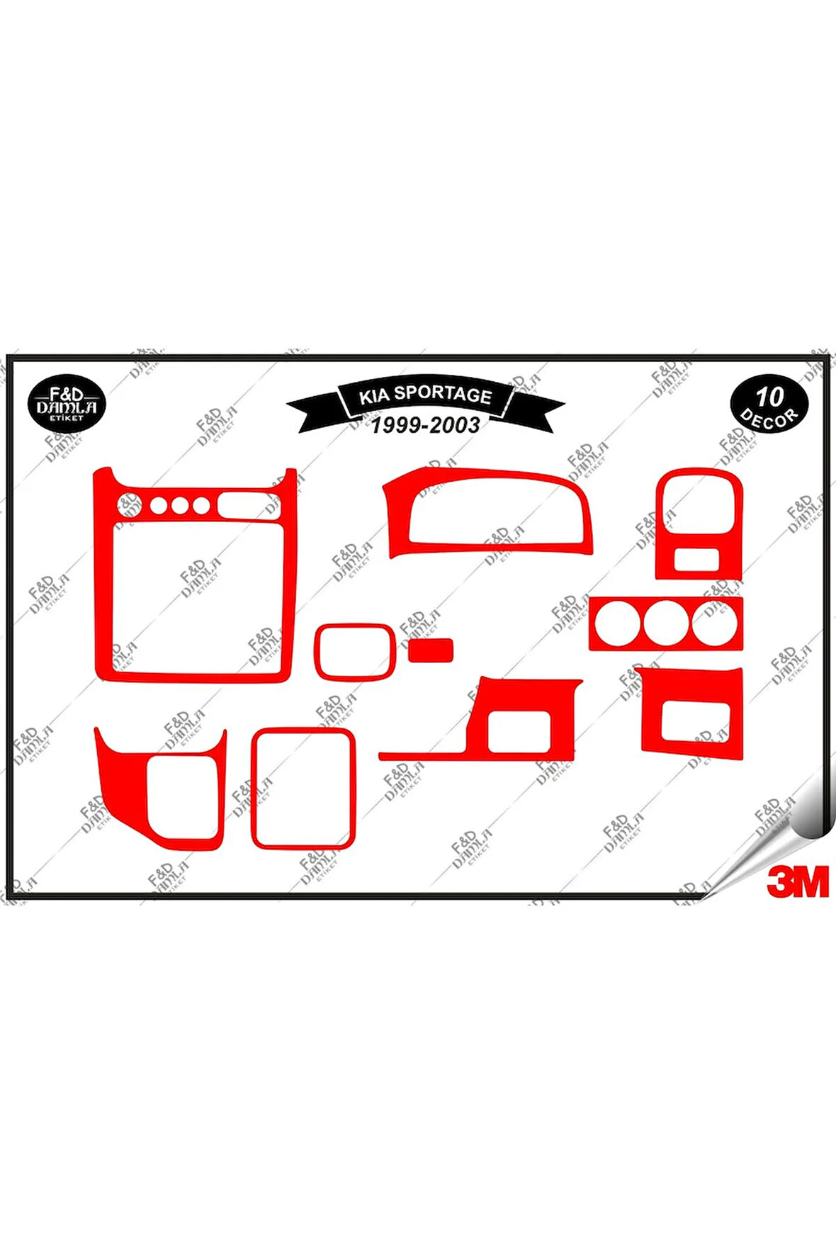 Kia Sportage  1999-2003 Torpido Konsol Trim Göğüs Maun Kaplama Set 10 Parça Kırmızı