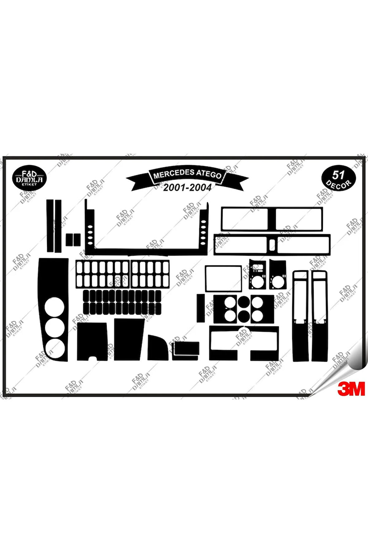 Mercedes Atego 2001-2004 Torpido Konsol Trim Göğüs Maun Kaplama Set 51 Parça Siyah
