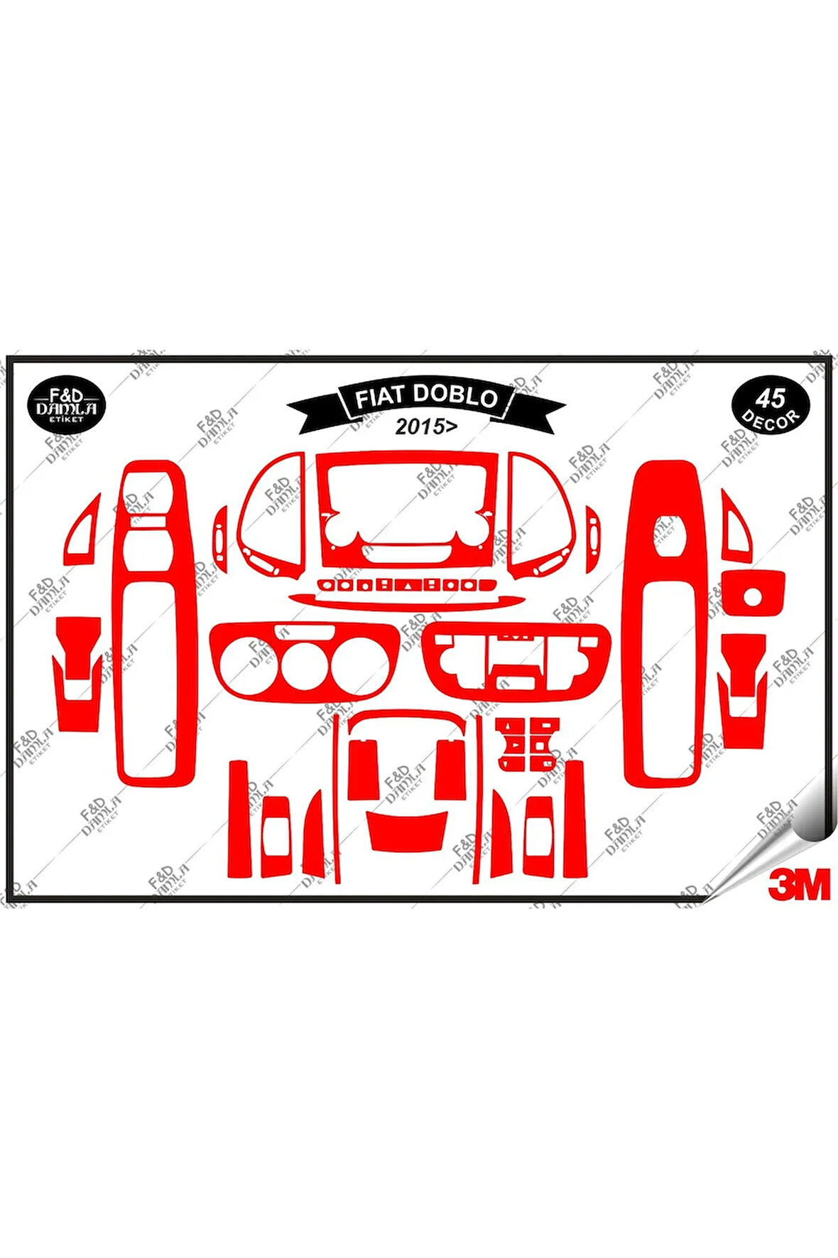 Fiat Doblo 2015 Torpido Konsol Trim Göğüs Maun Kaplama Set 45 Parça Kırmızı