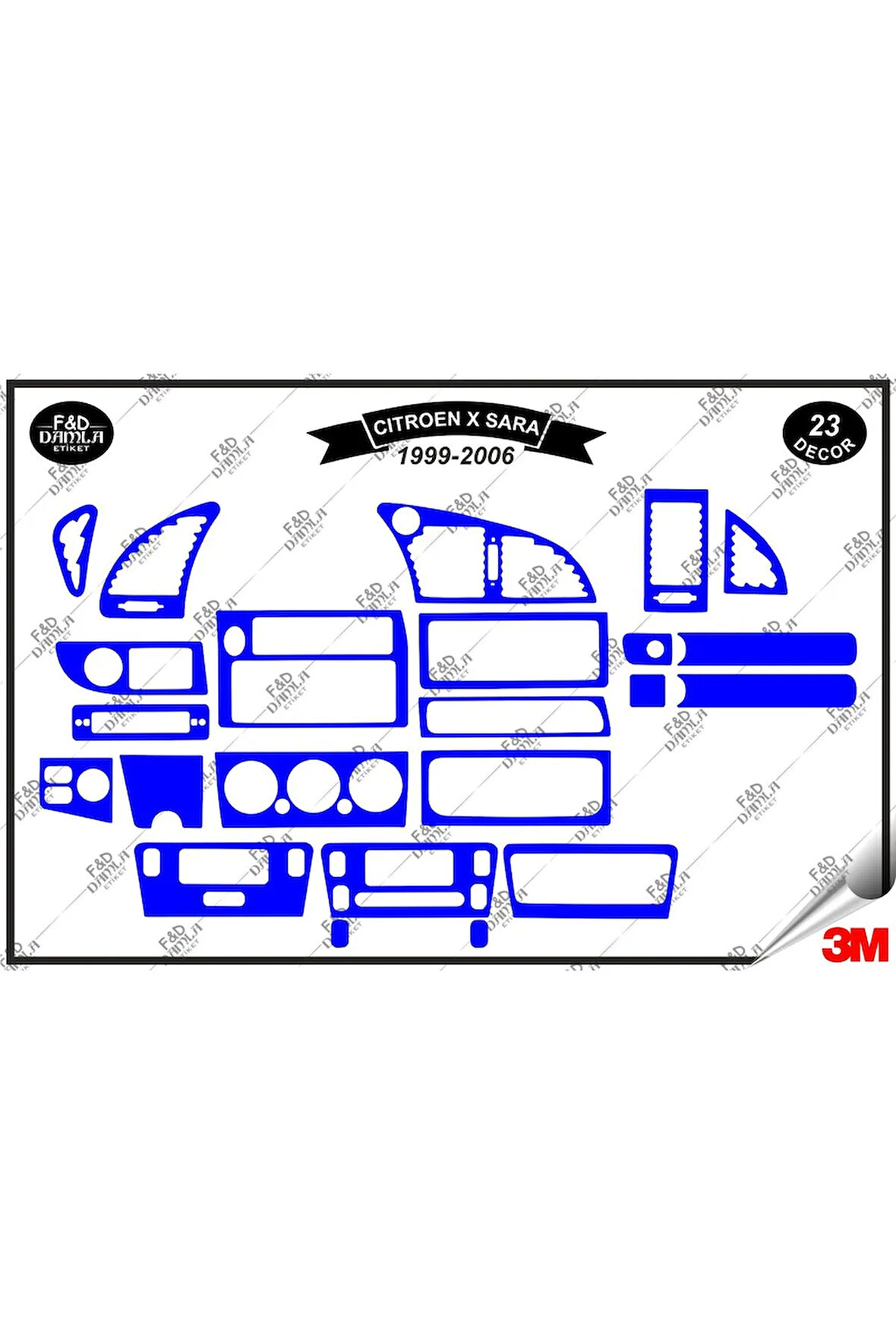 Citroen X Sara 1999-2006 Torpido Konsol Trim Göğüs Maun Kaplama Set 8 Parça Mavi