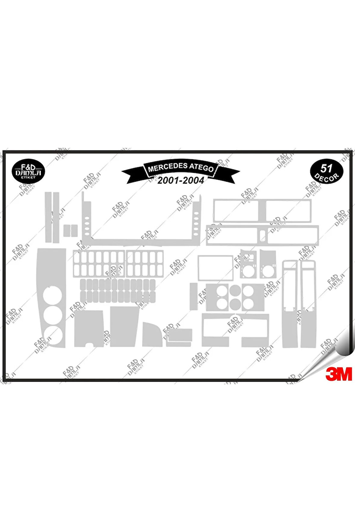 Mercedes Atego 2001-2004 Torpido Konsol Trim Göğüs Maun Kaplama Set 51 Parça Gümüş