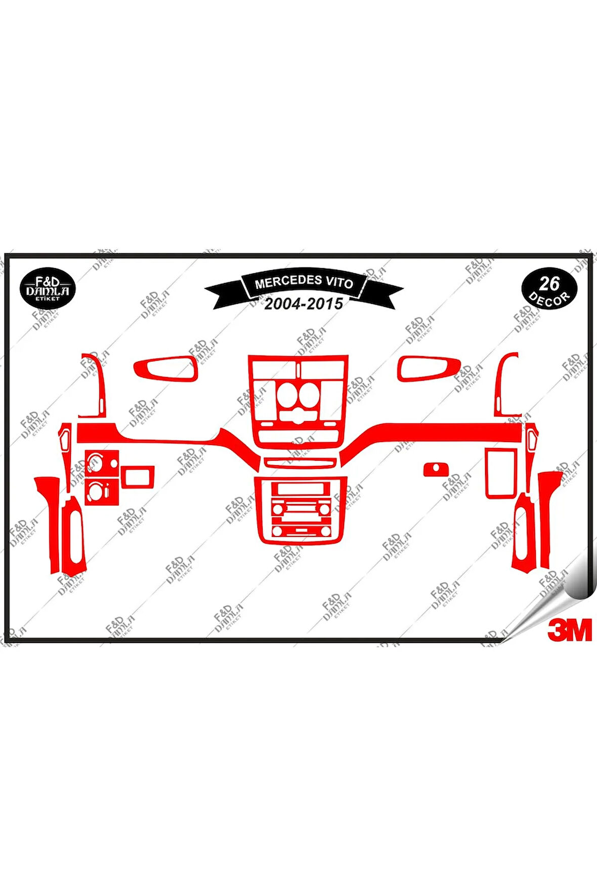 Mercedes Vito 2004-2015 Torpido Konsol Trim Göğüs Maun Kaplama Set 26 Parça Kırmızı