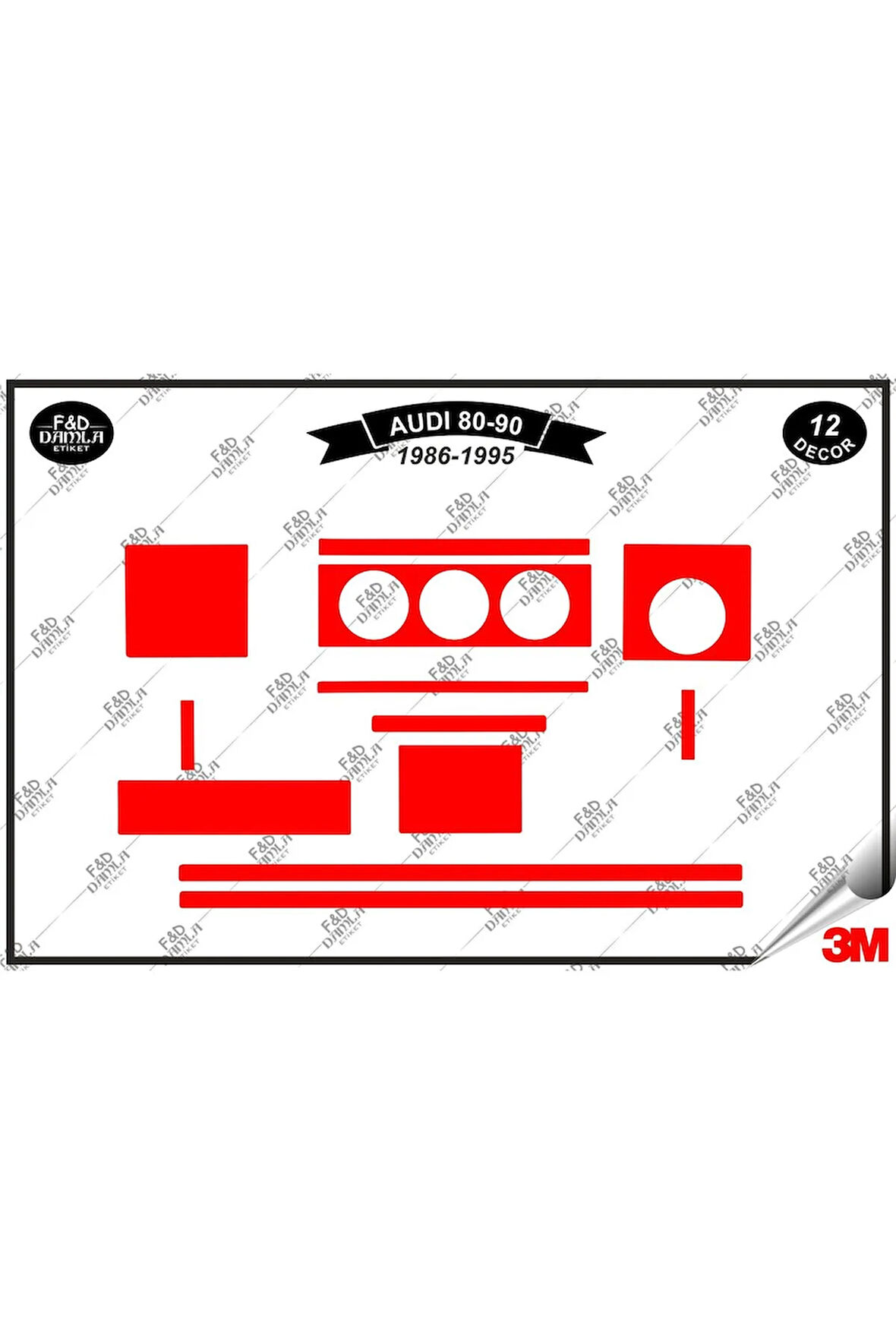 Audi 80-90 1986-1995 Torpido Konsol Trim Göğüs Maun Kaplama Set 12 Parça Kırmızı