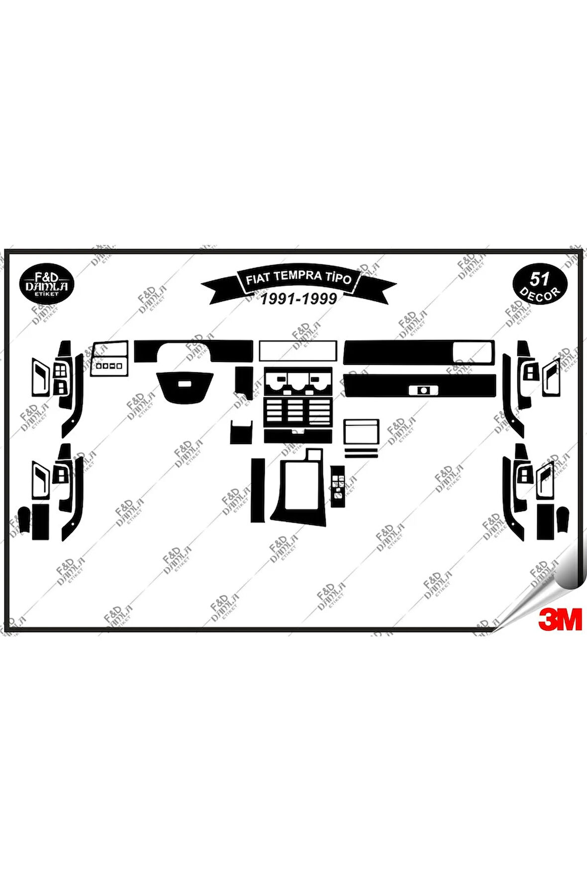 Fiat Tempra Tipo 1991-1999 Torpido Konsol Trim Göğüs Maun Kaplama Set 51 Parça Siyah