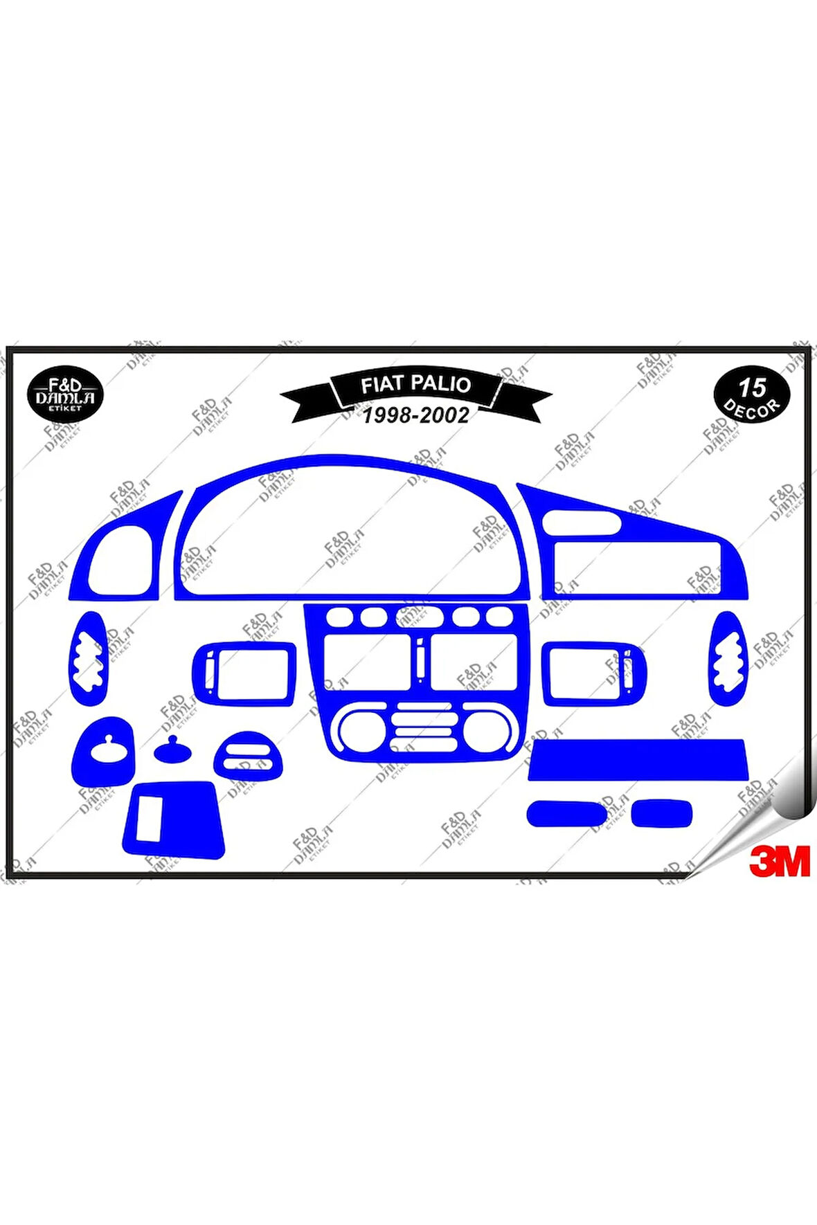 Fiat Palio 1998-2002 Torpido Konsol Trim Göğüs Maun Kaplama Set 15 Parça Mavi