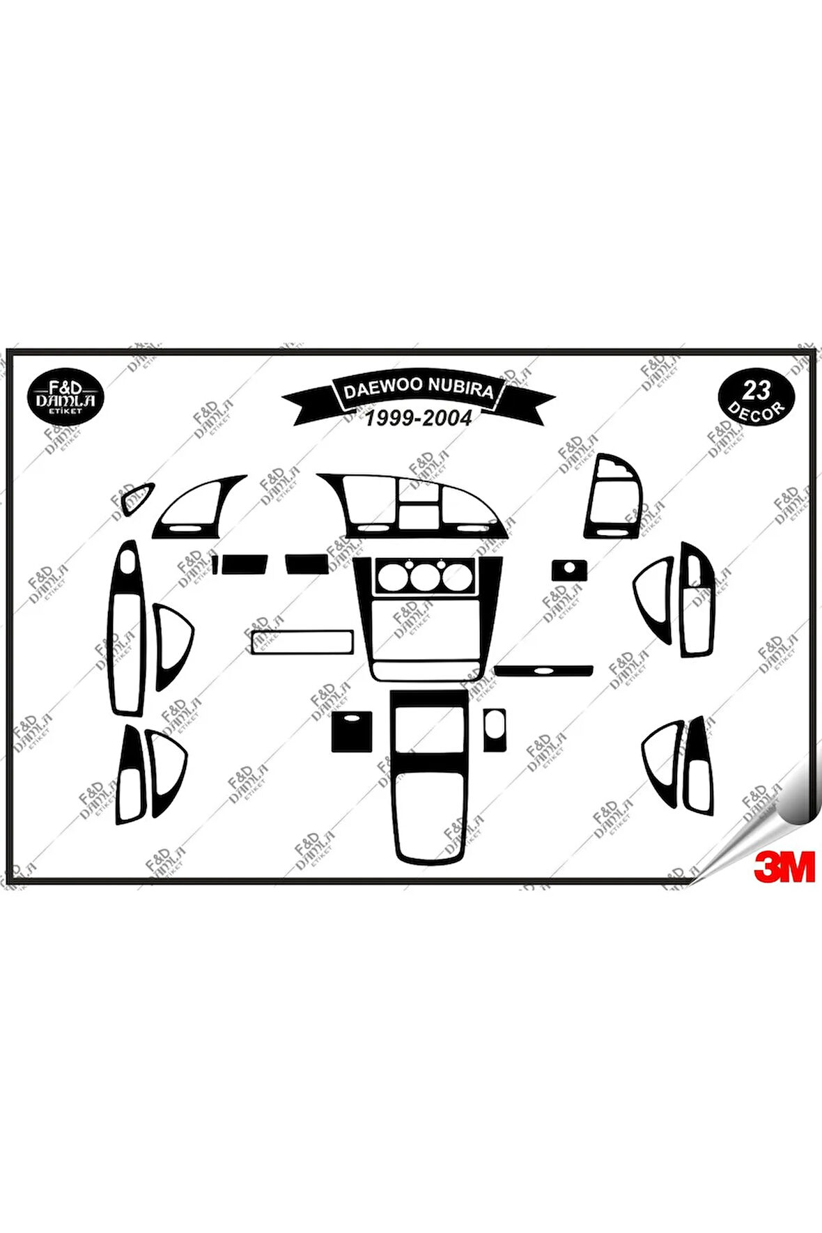 Daewoo Nubira 1999-2004 Torpido Konsol Trim Göğüs Maun Kaplama Set 23 Parça Siyah