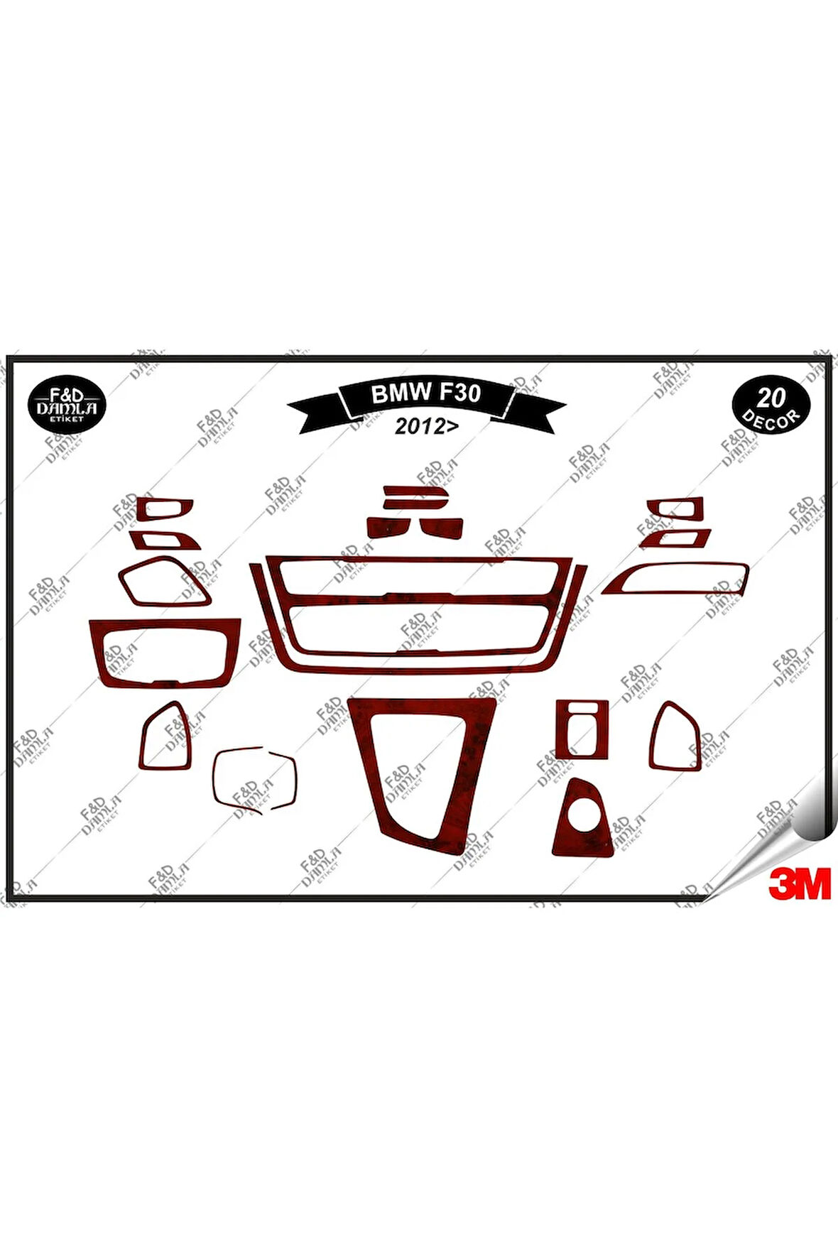 BMW F30 2012 Torpido Konsol Trim Göğüs Maun Kaplama Set 20 Parça Maun