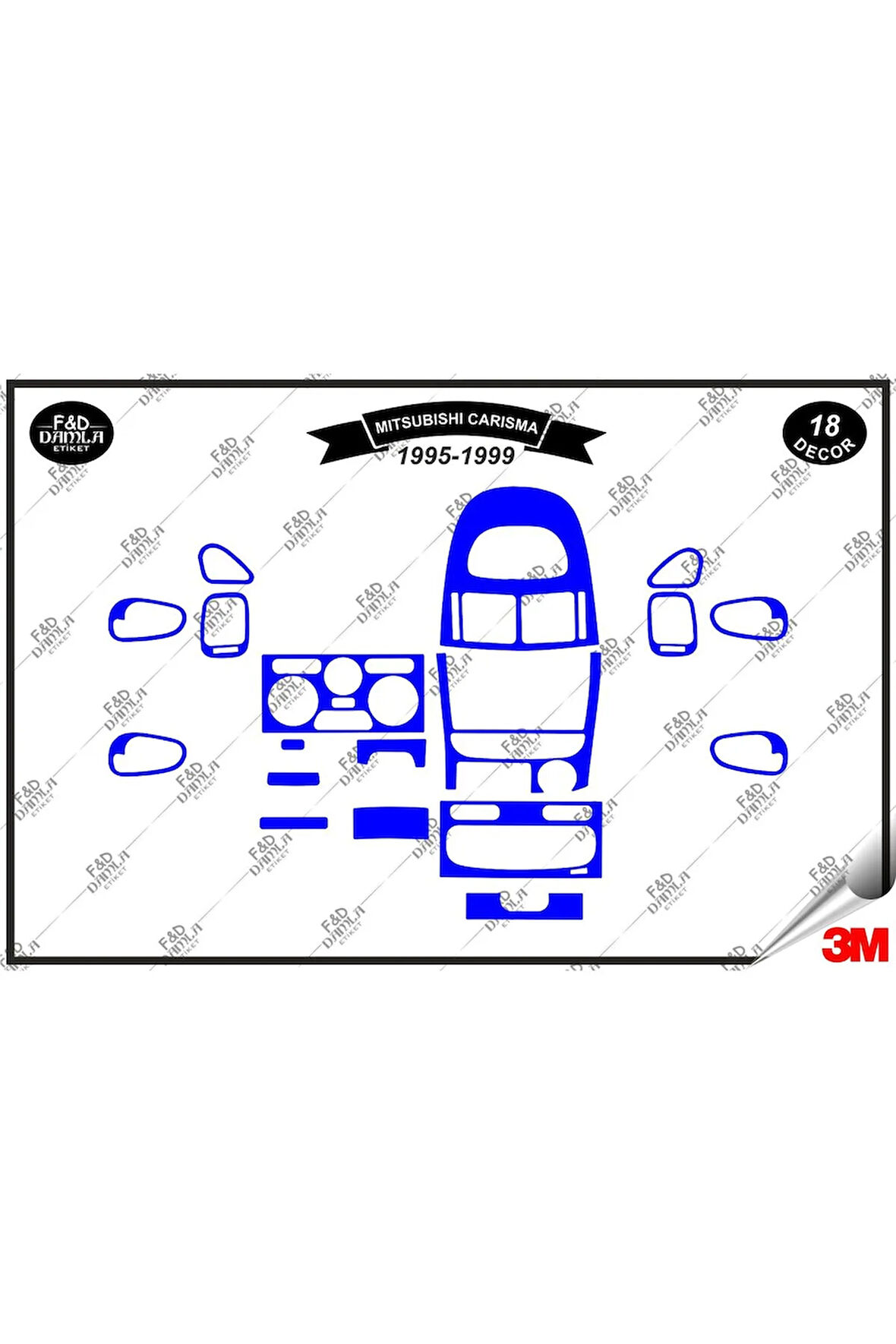 Mitsubishi Carisma 1995-1999 Torpido Konsol Trim Göğüs Maun Kaplama Set 18 Parça Mavi