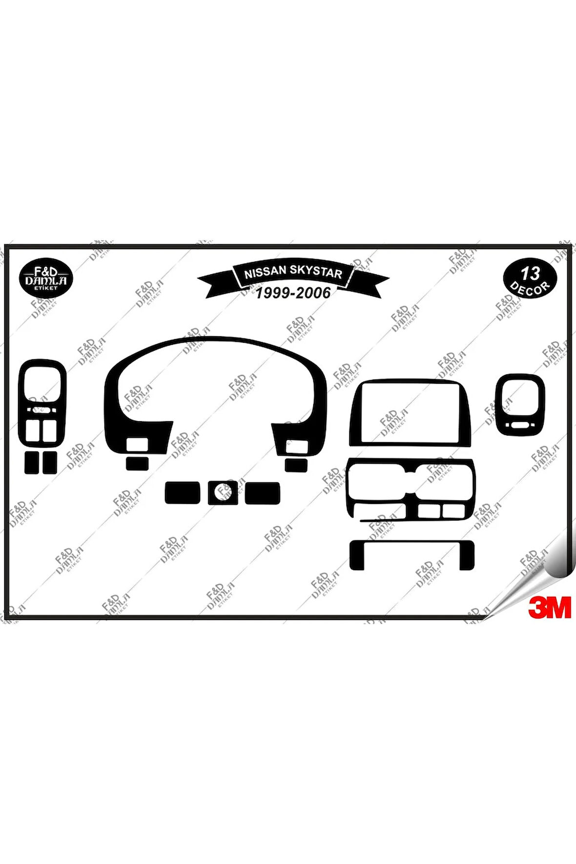 Nissan Pick-up Skystar 1999-2006 Torpido Konsol Trim Göğüs Maun Kaplama Set 13 Parça Siyah