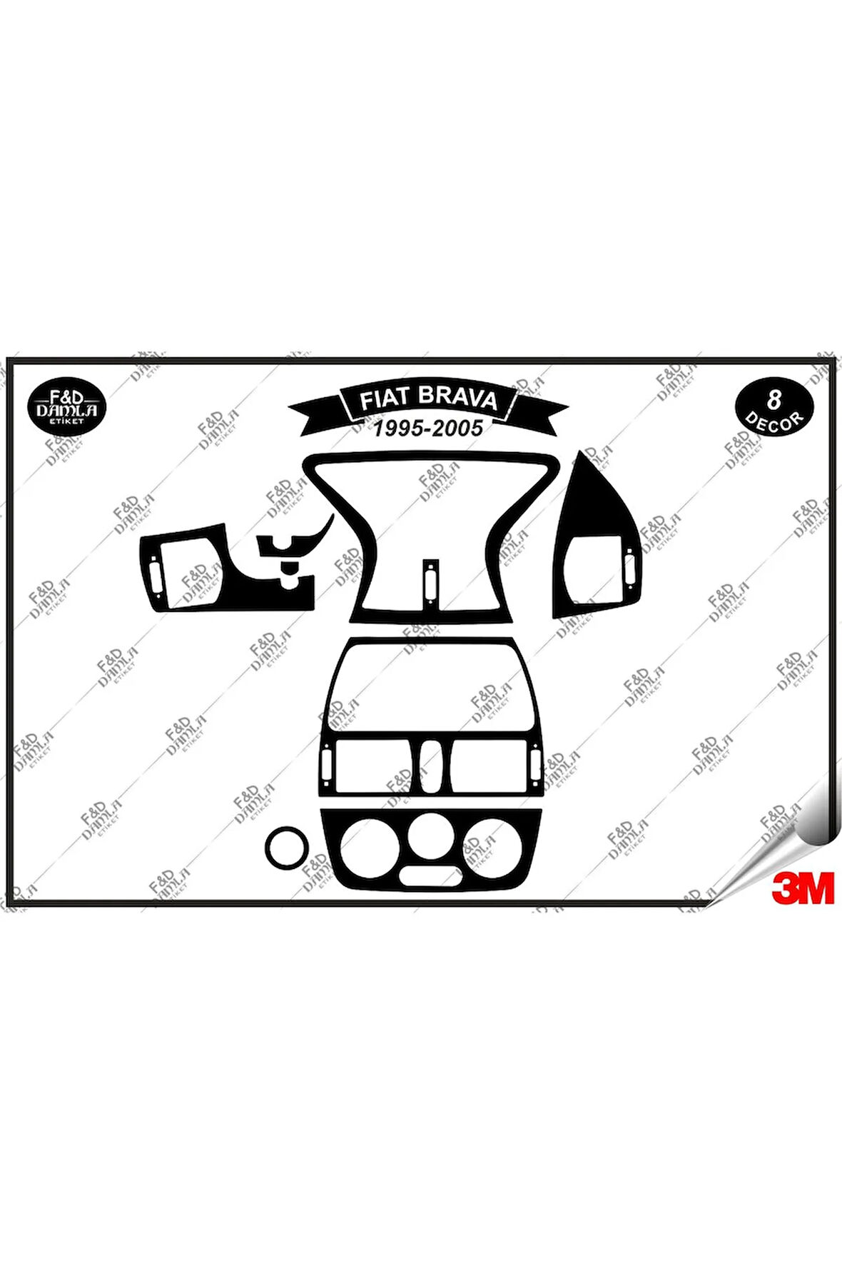 Fiat Brava 1995-2005 Torpido Konsol Trim Göğüs Maun Kaplama Set 8 Parça Siyah