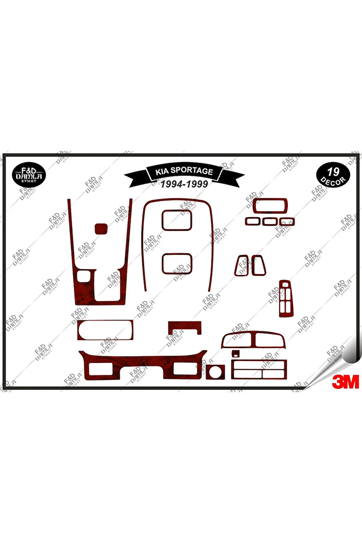 Kia Sportage 1994-1999 Torpido Konsol Trim Göğüs Maun Kaplama Set 19 Parça Maun