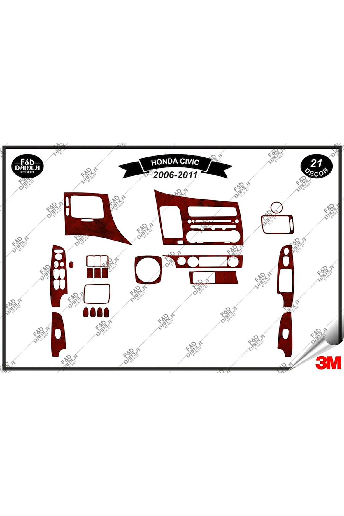 Honda Civic 2006-2011 Torpido Konsol Trim Göğüs Maun Kaplama Set 21 Parça Maun
