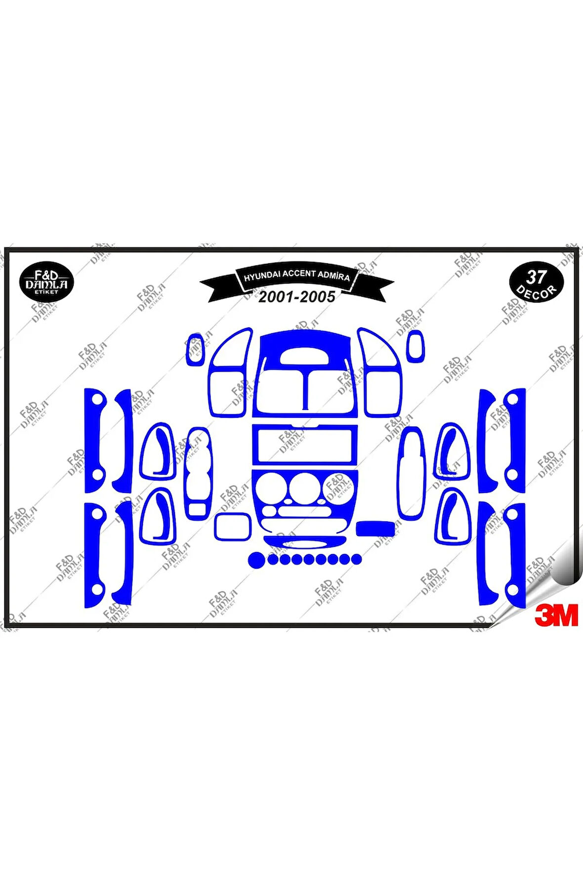 Hyundai Accent Admira 2001-2005 Torpido Konsol Trim Göğüs Maun Kaplama Set 37 Parça Mavi