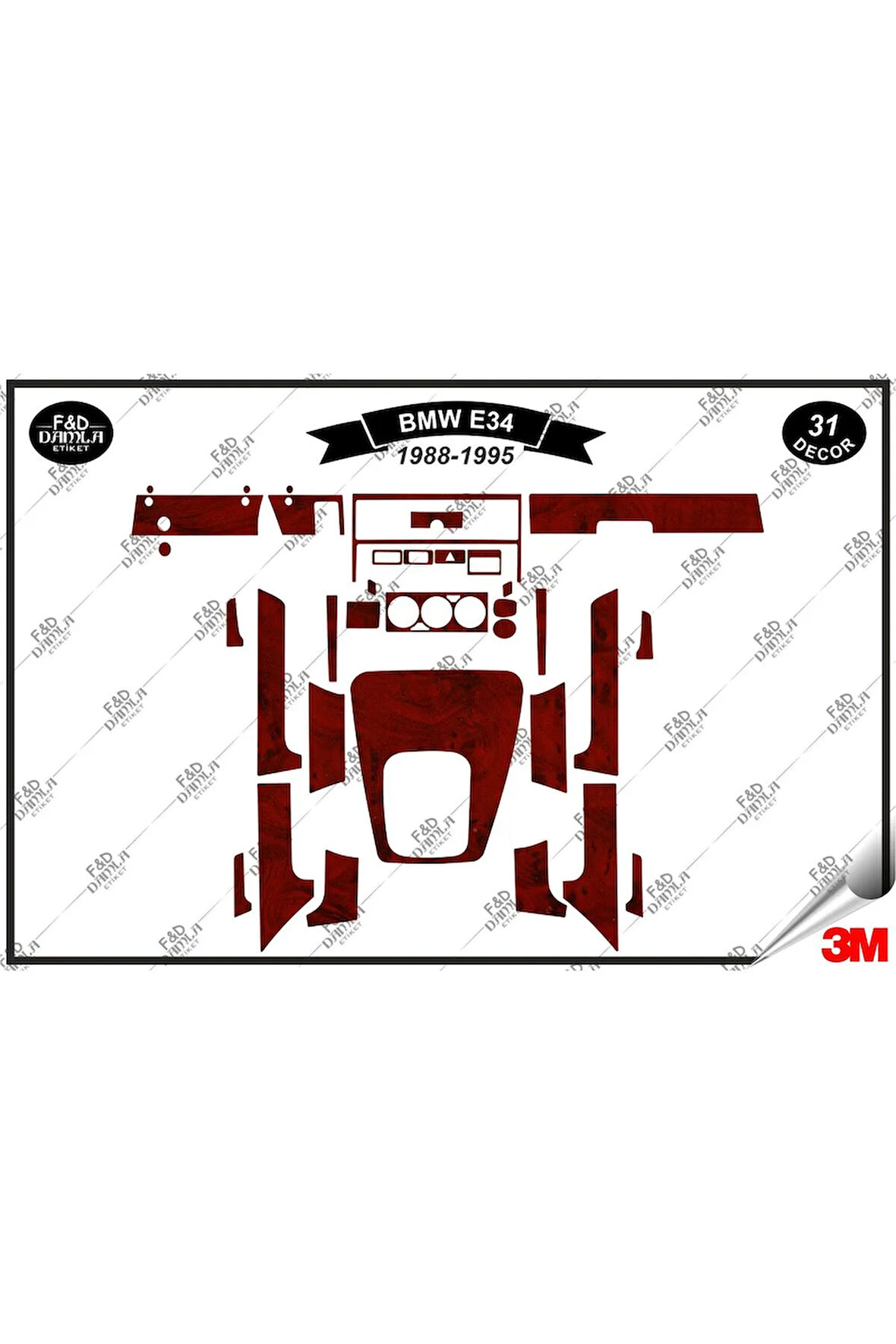 Bmw E 34 1988-1995 Torpido Konsol Trim Göğüs Maun Kaplama Set 31 Parça Maun