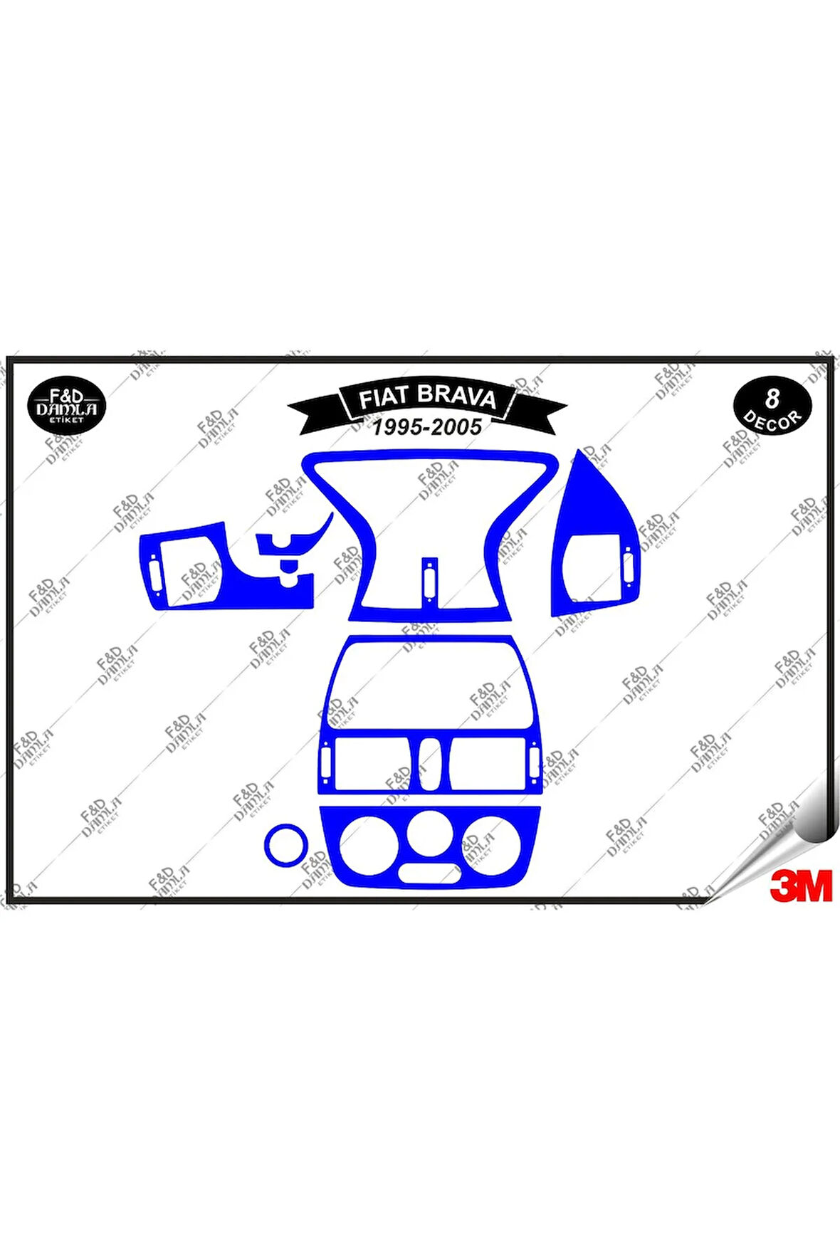 Fiat Brava 1995-2005 Torpido Konsol Trim Göğüs Maun Kaplama Set 8 Parça Mavi