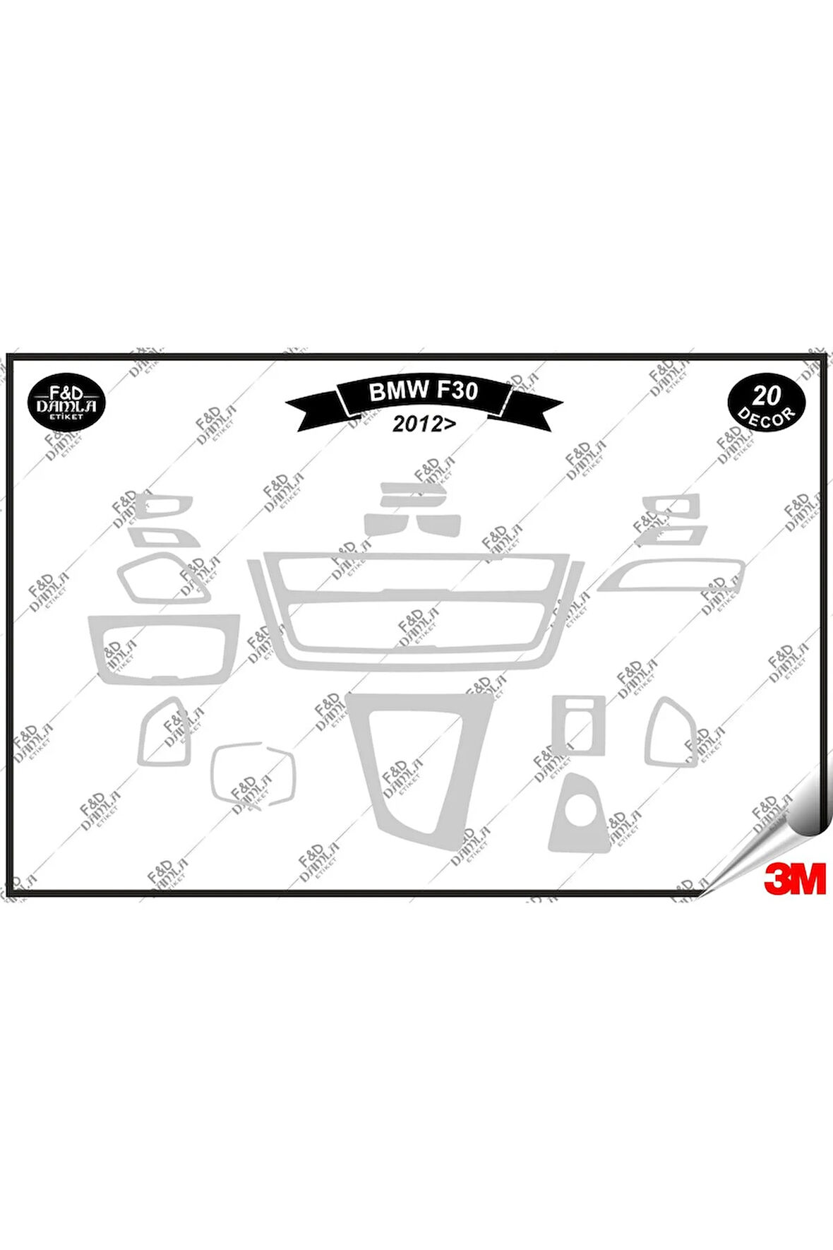 BMW F30 2012 Torpido Konsol Trim Göğüs Maun Kaplama Set 20 Parça Gümüş