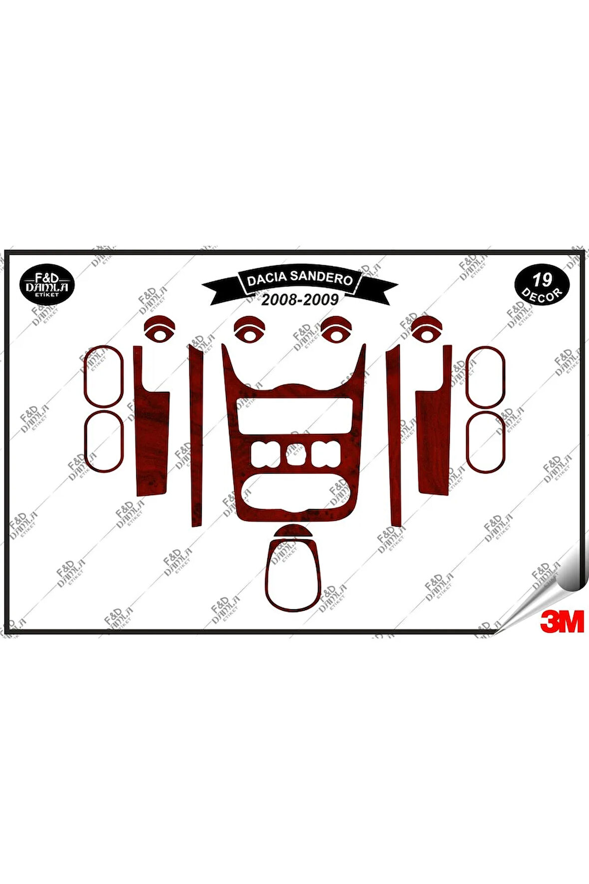 Dacia Sandero 2008-2009 Torpido Konsol Trim Göğüs Maun Kaplama Set 19 Parça Maun