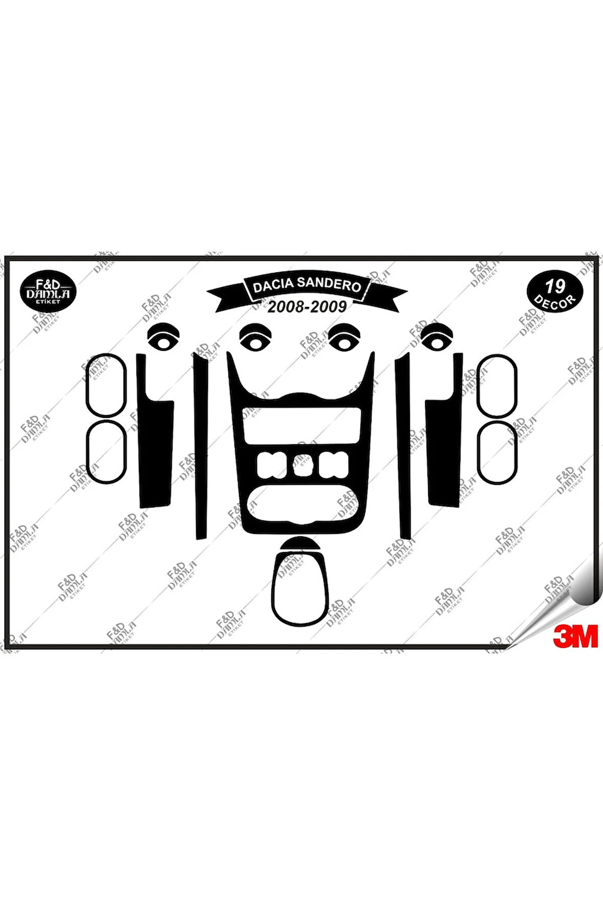 Dacia Sandero 2008-2009 Torpido Konsol Trim Göğüs Maun Kaplama Set 19 Parça Siyah