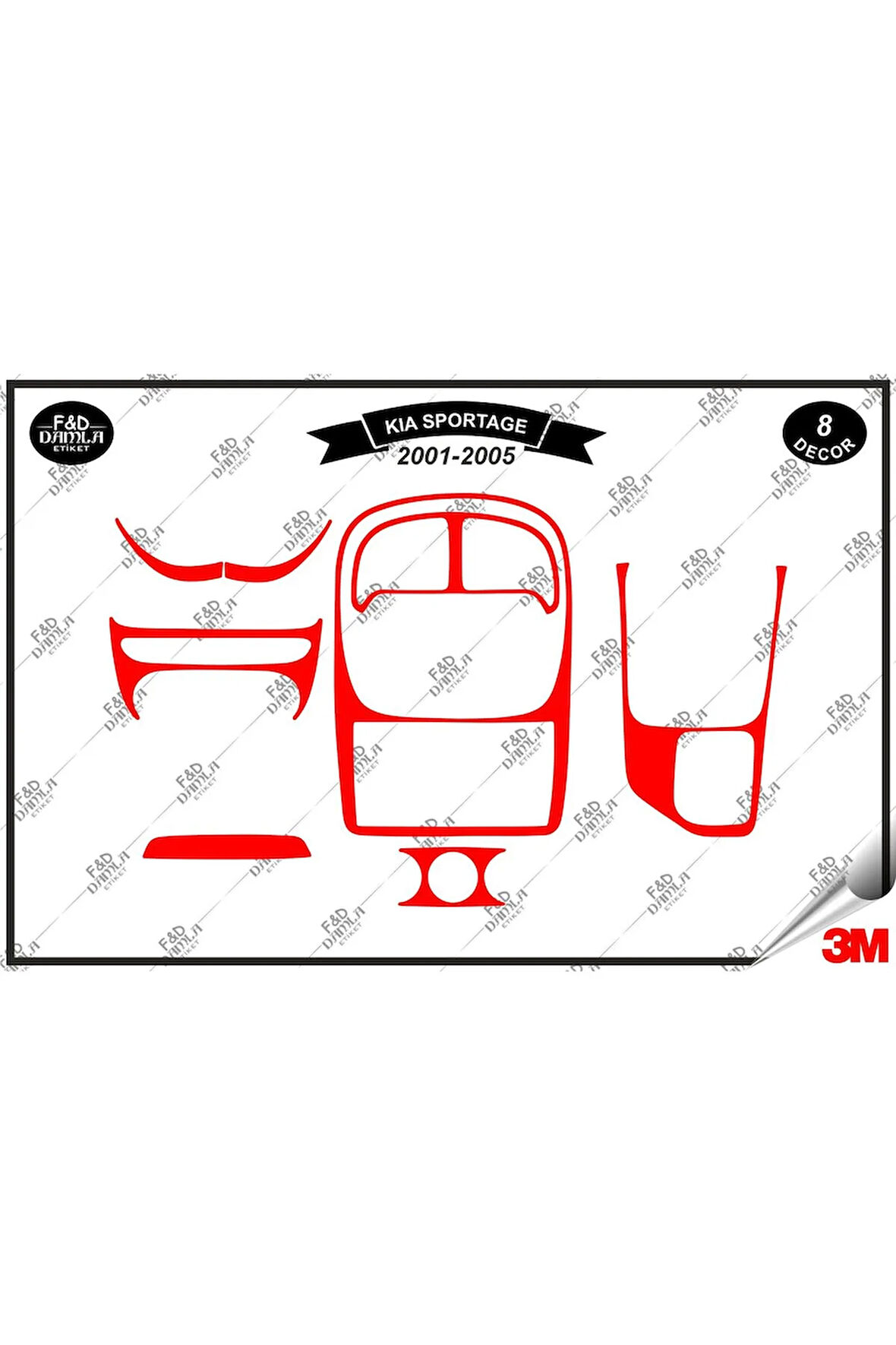 Kia Sportage  2001- 2005 Torpido Konsol Trim Göğüs Maun Kaplama Set 8 Parça Kırmızı