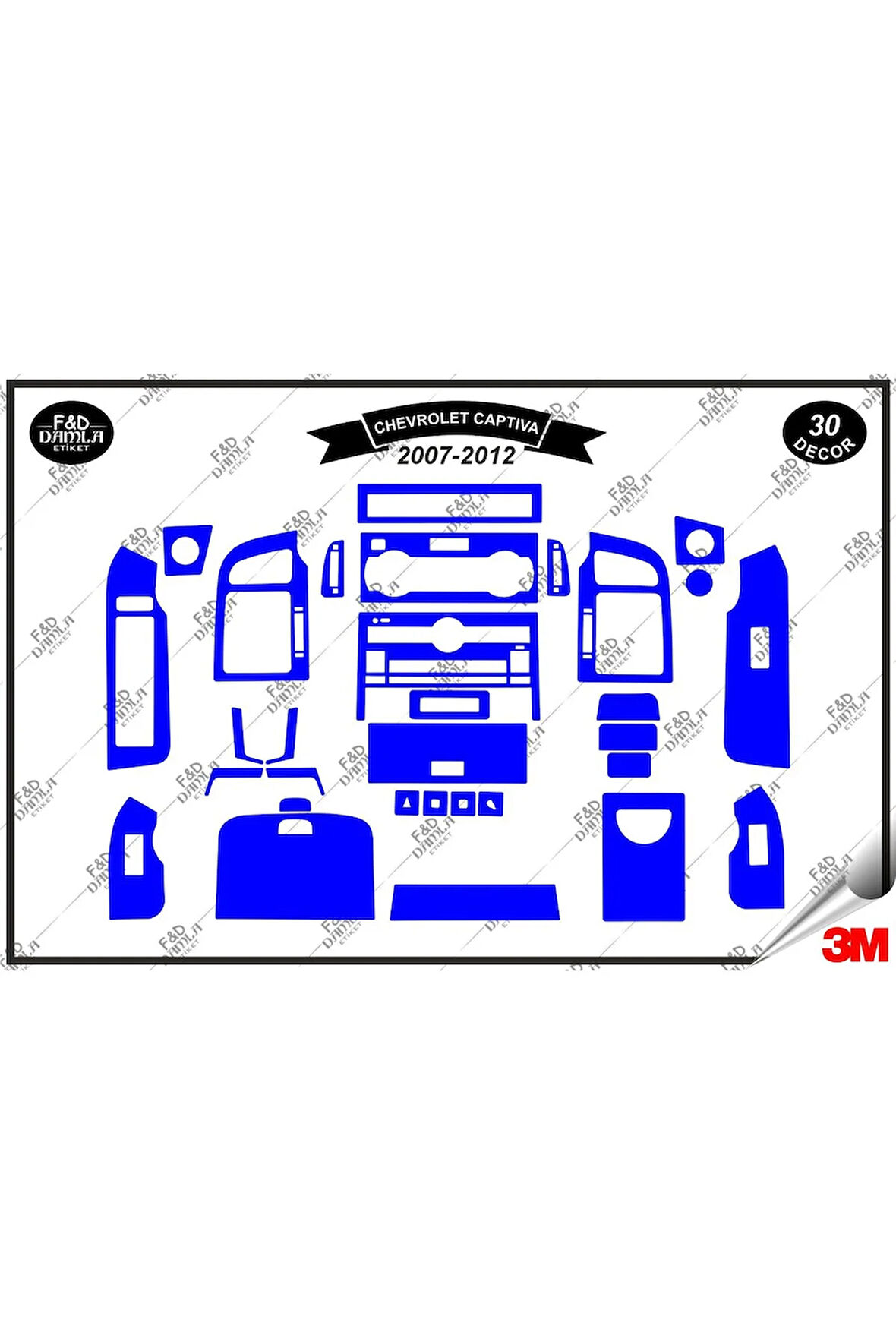 Chavrolet Captiva 2007-2012 Torpido Konsol Trim Göğüs Maun Kaplama Set 30 Parça Mavi