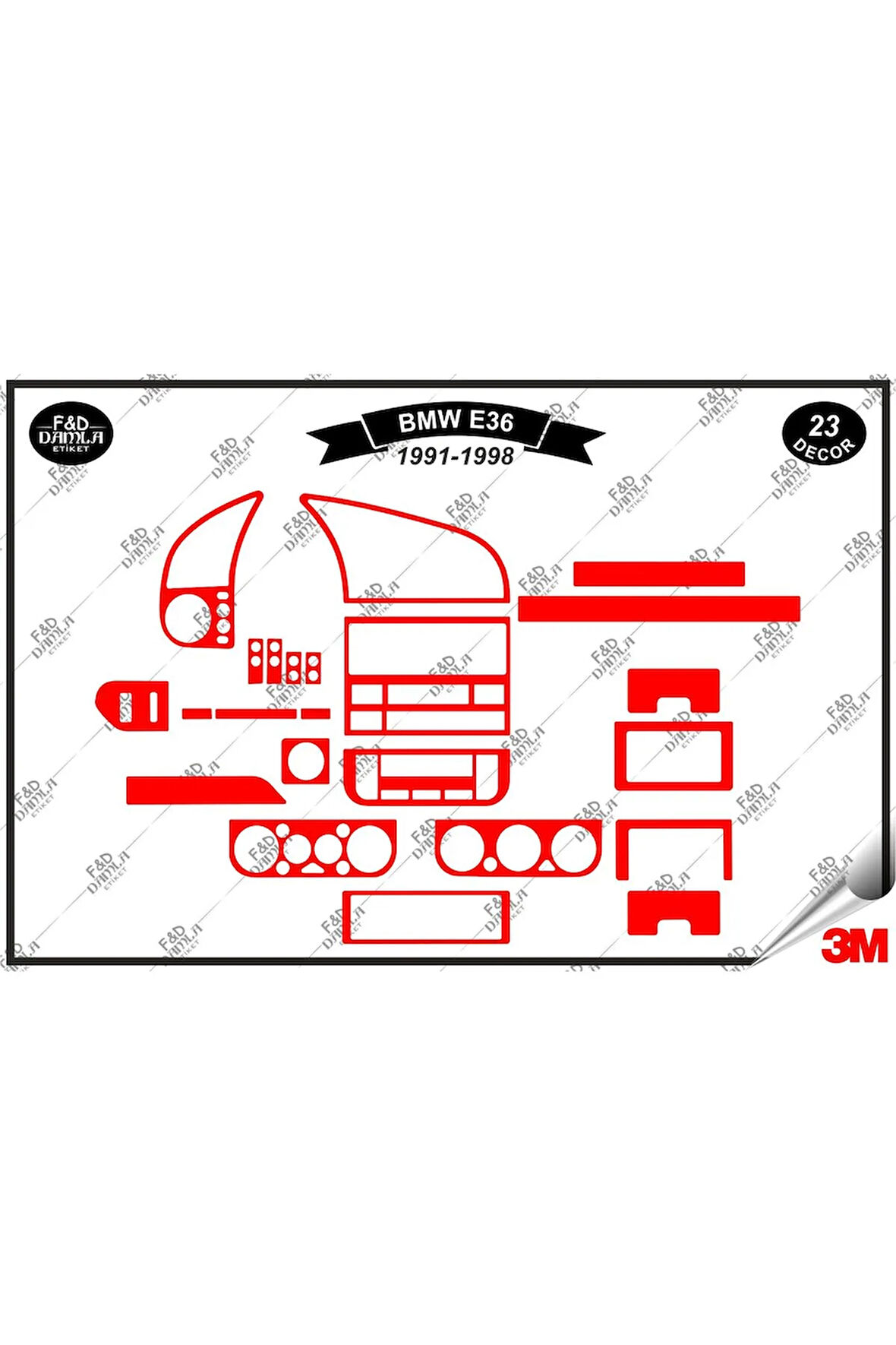 Bmw E 36 1991-1998 Torpido Konsol Trim Göğüs Maun Kaplama Set 23 Parça Kırmızı