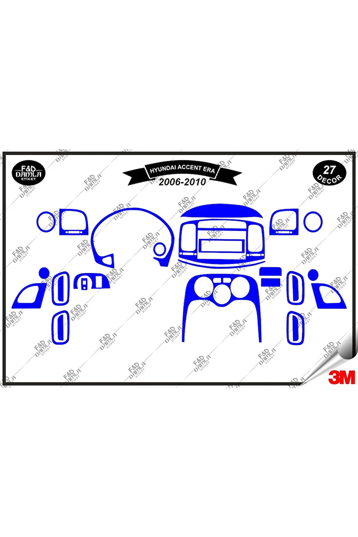 Hyundai Accent Era  2006-2010 Torpido Konsol Trim Göğüs Maun Kaplama Set 27 Parça Mavi