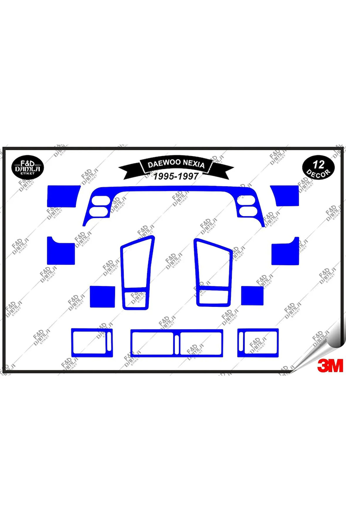 Daewoo Nexia 1995-1997 Torpido Konsol Trim Göğüs Maun Kaplama Set 12 Parça Mavi