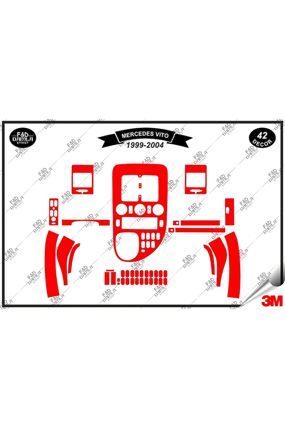 Mercedes Vito 1999-2004 Torpido Konsol Trim Göğüs Maun Kaplama Set 42 Parça Kırmızı