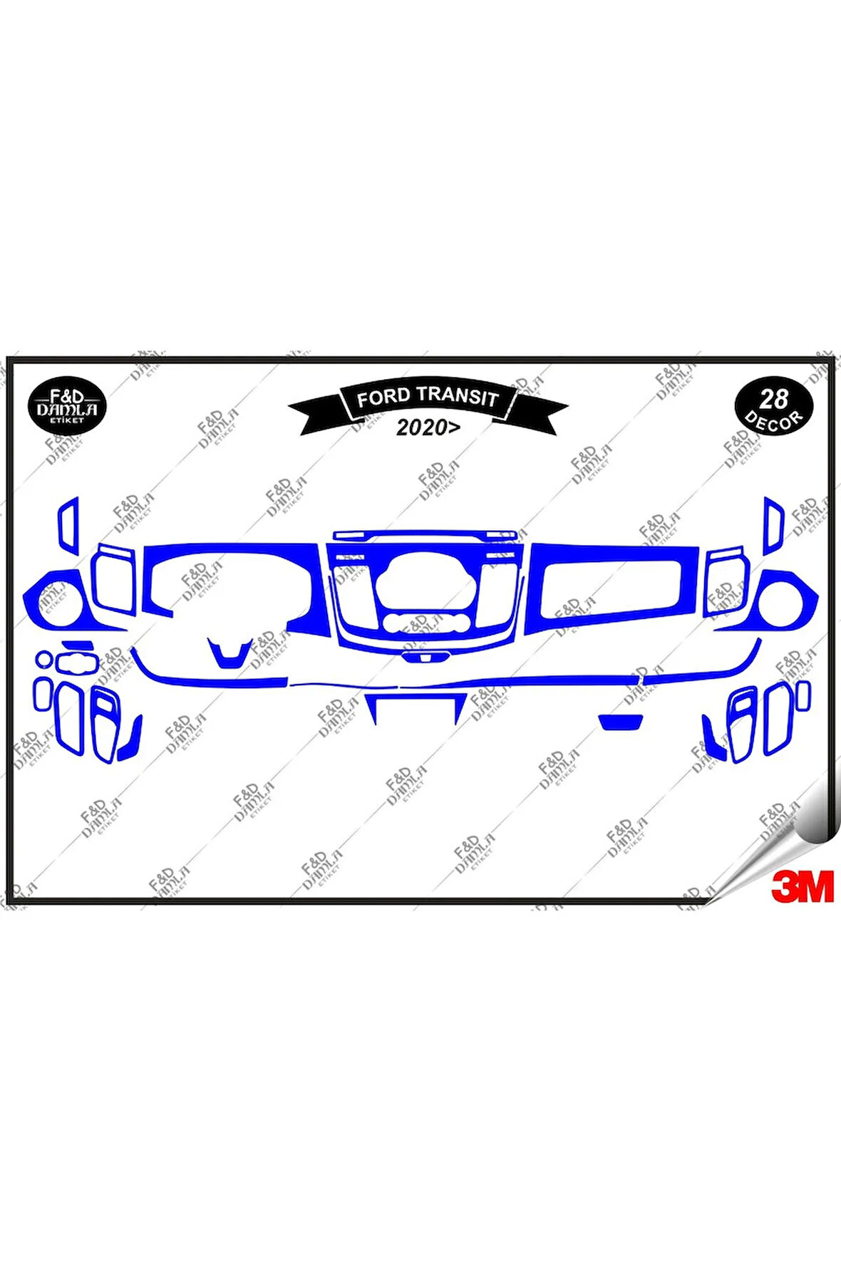 Ford Transit 2020 Torpido Konsol Trim Göğüs Maun Kaplama Set 28 Parça Mavi