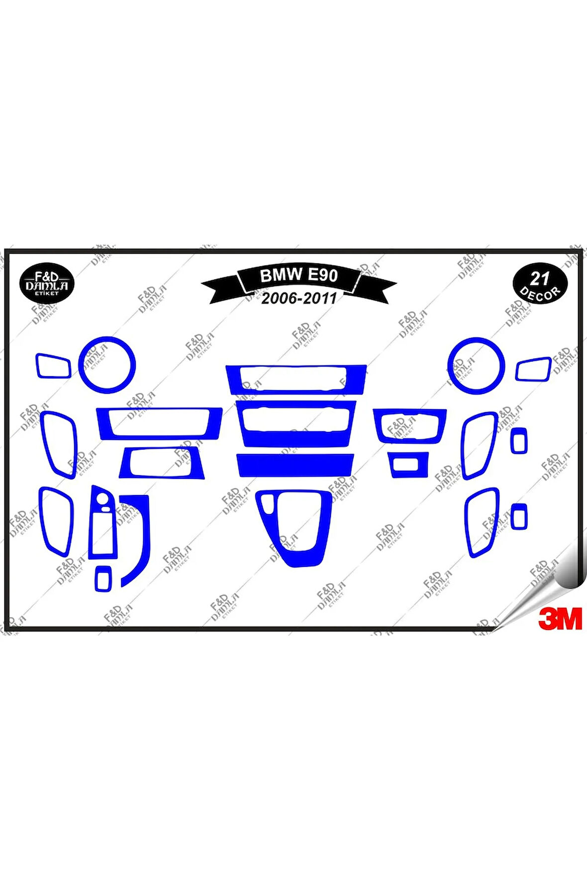 BMW E90 2006-2011 Torpido Konsol Trim Göğüs Maun Kaplama Set 21 Parça Mavi