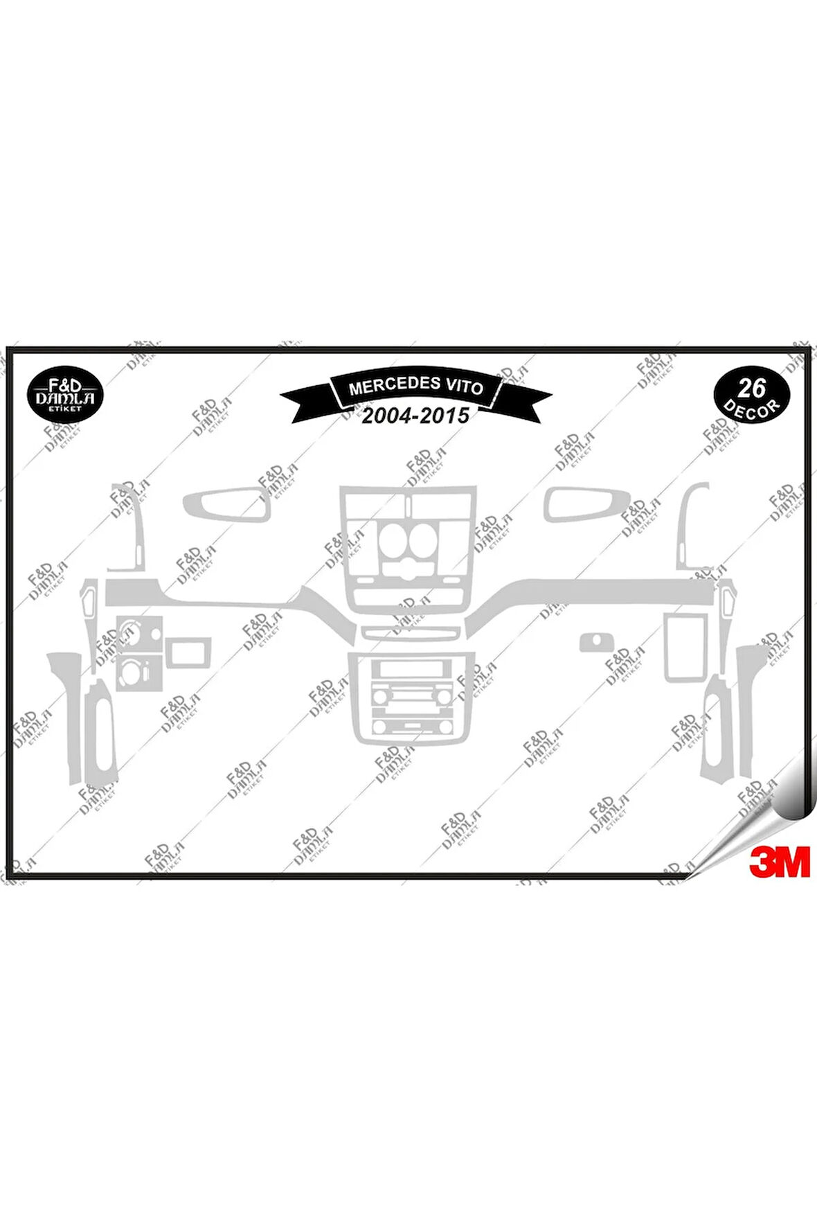 Mercedes Vito 2004-2015 Torpido Konsol Trim Göğüs Maun Kaplama Set 26 Parça Gümüş
