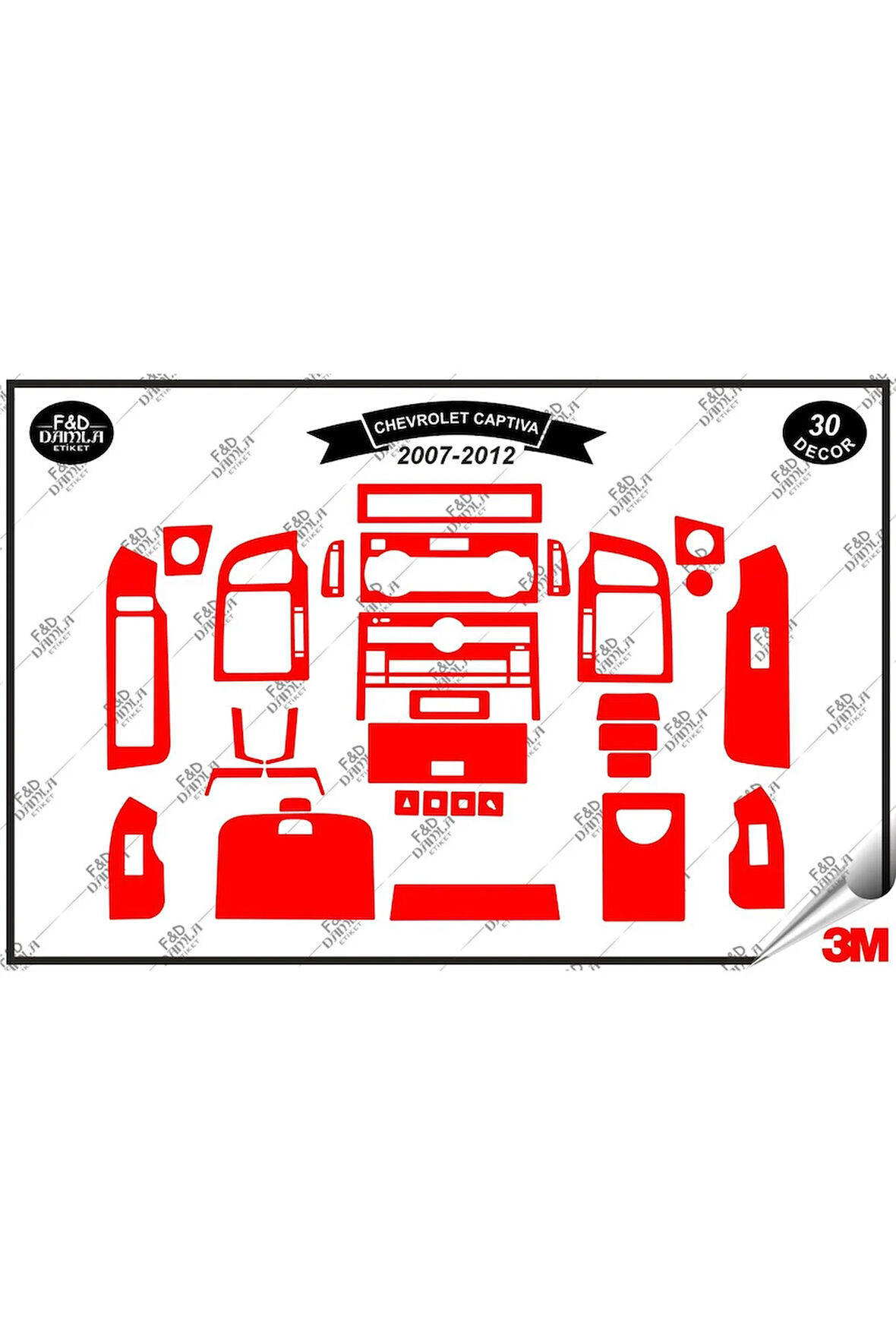Chavrolet Captiva 2007-2012 Torpido Konsol Trim Göğüs Maun Kaplama Set 30 Parça Kırmızı