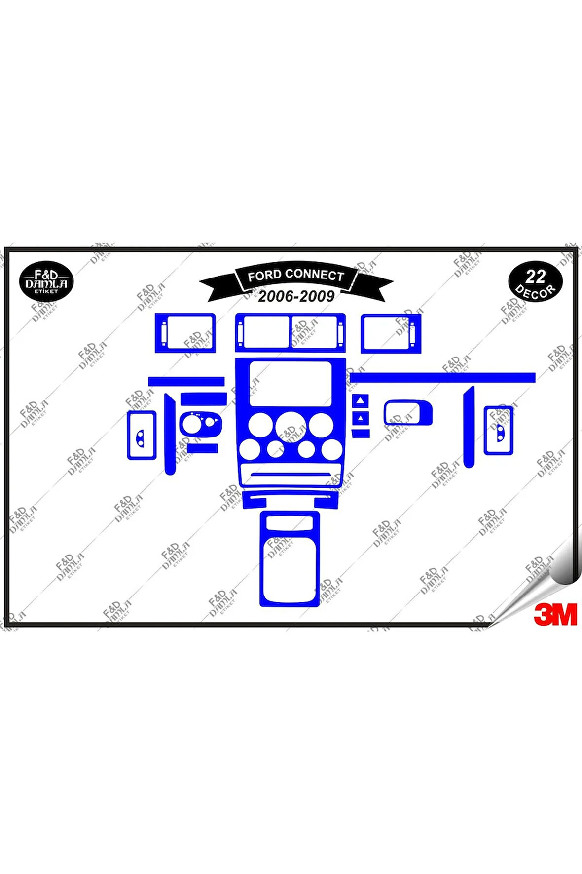 Ford Connect 2006-2009 Torpido Konsol Trim Göğüs Maun Kaplama Set 22 Parça Mavi