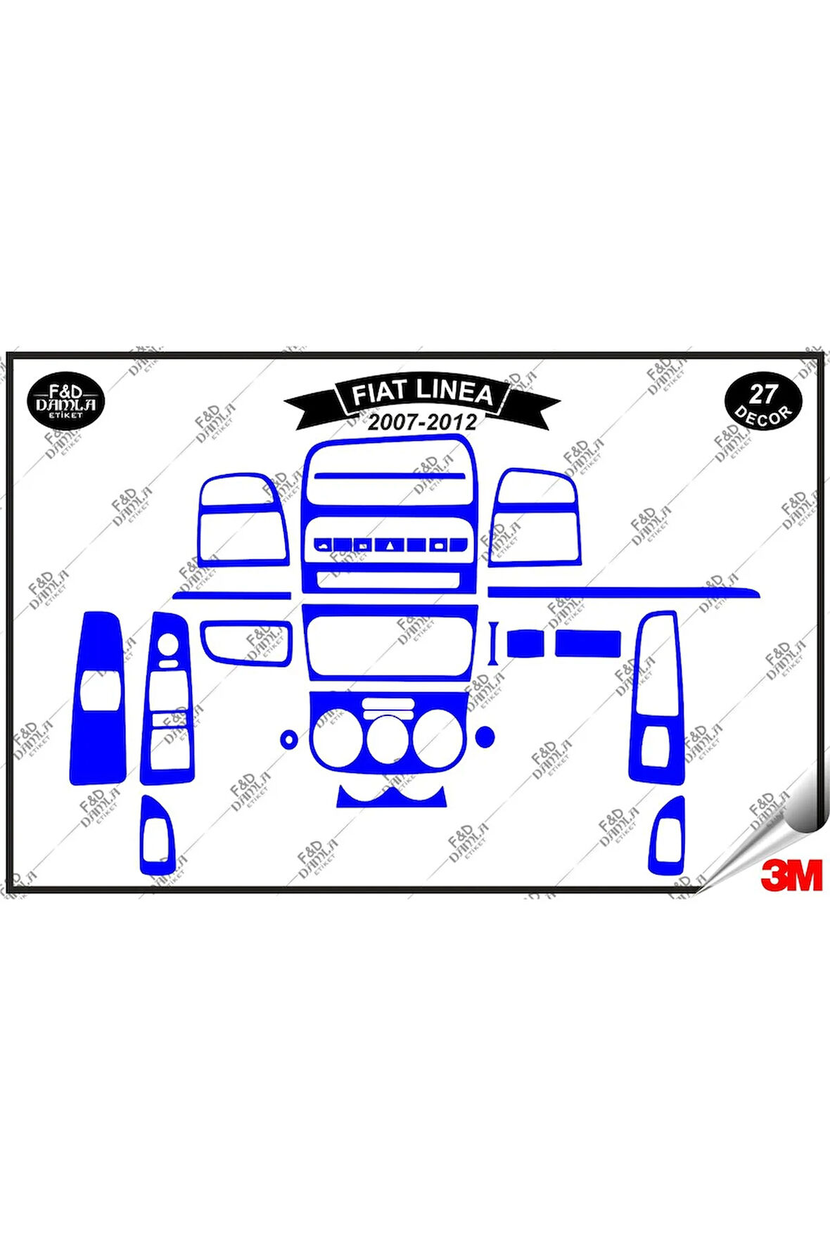 Fiat Linea 2007-2012 Torpido Konsol Trim Göğüs Maun Kaplama Set 27 Parça Mavi
