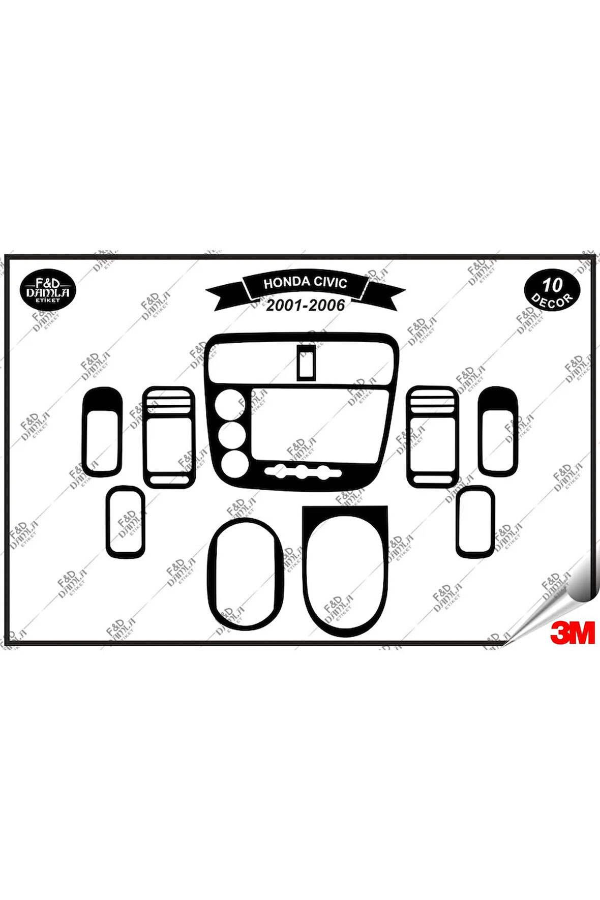 Honda Civic LS Manuel  2001- 2006 Torpido Konsol Trim Göğüs Maun Kaplama Set 10 Parça Siyah