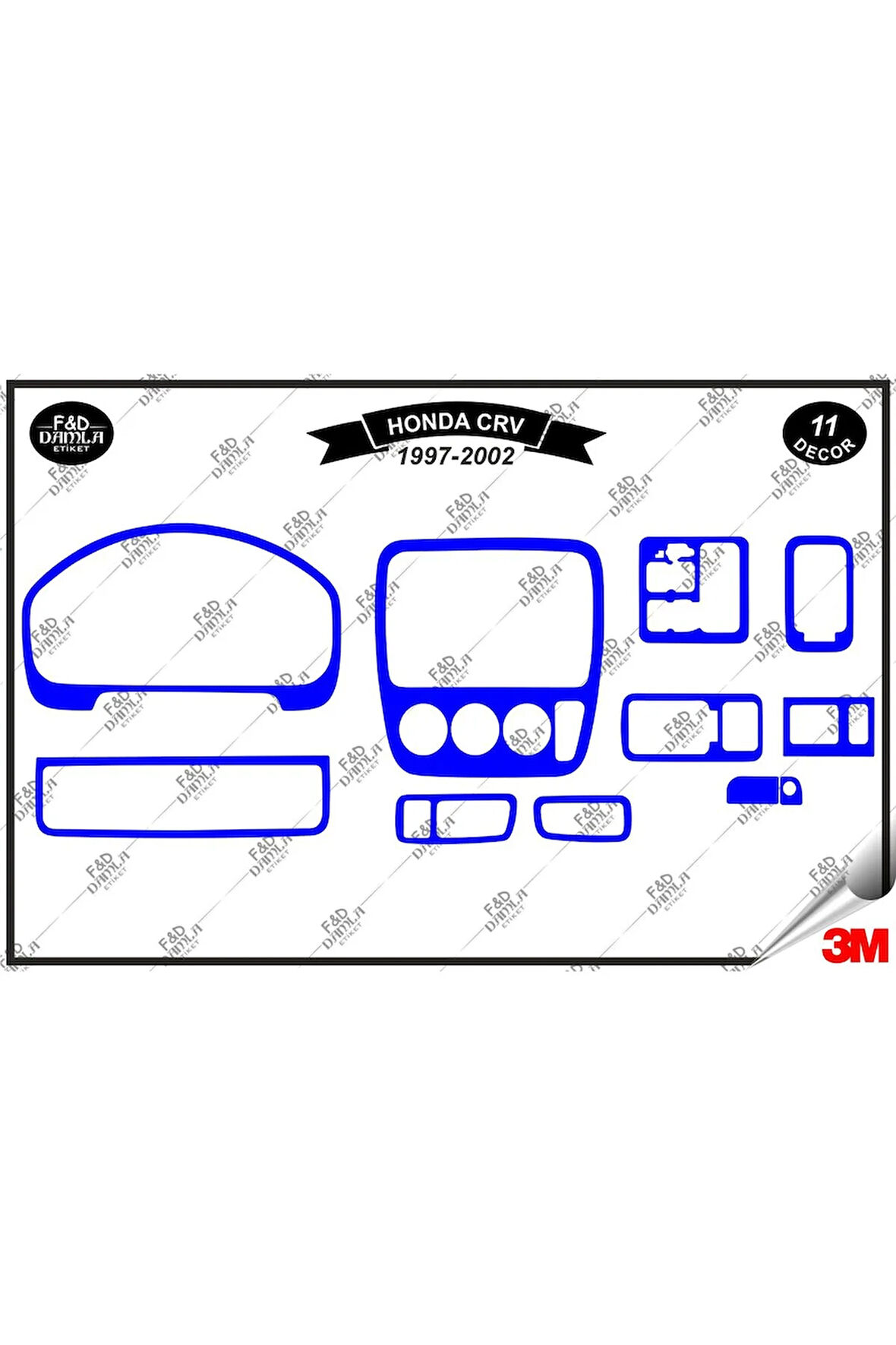 Honda CRV 1997-2002 Torpido Konsol Trim Göğüs Maun Kaplama Set 11 Parça Mavi