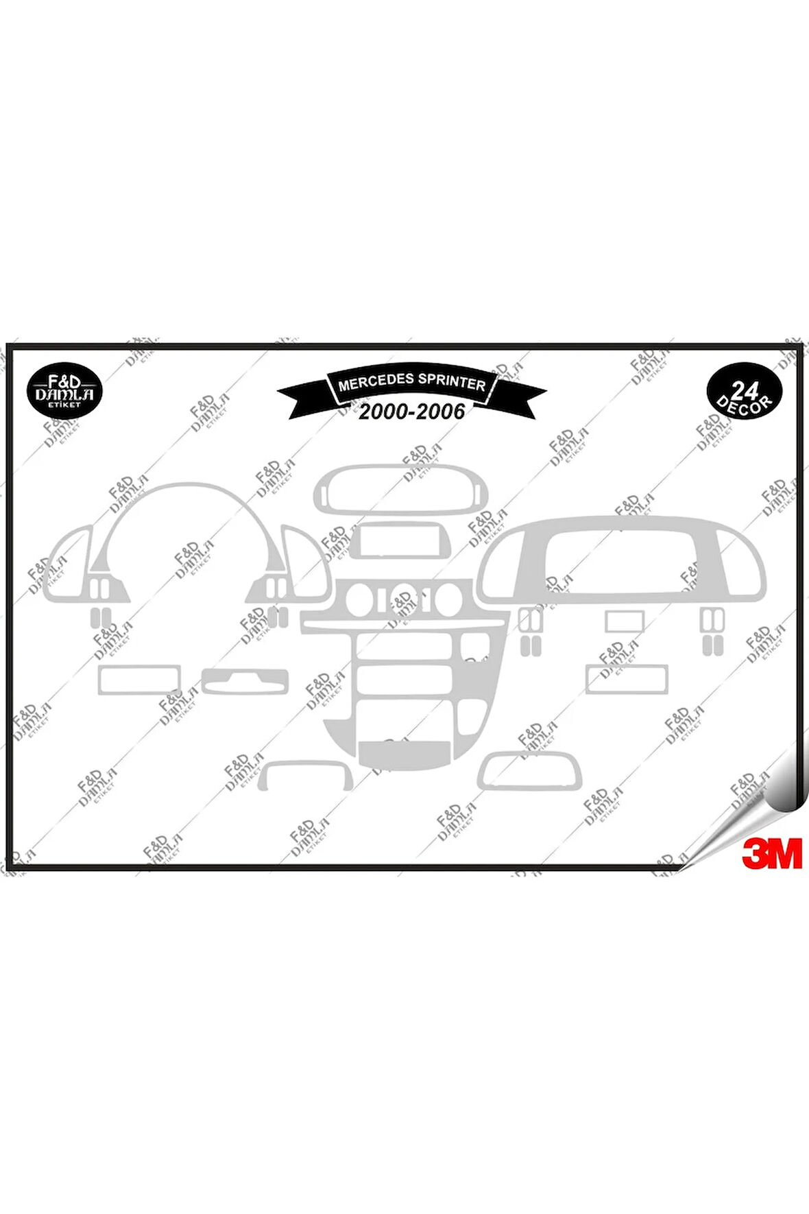 Mercedes Sprinter 2000-2006 Torpido Konsol Trim Göğüs Maun Kaplama Set 24 Parça Gümüş