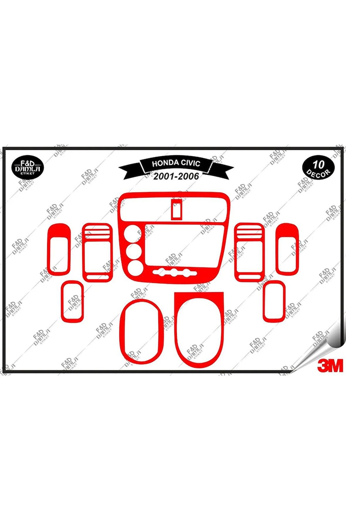 Honda Civic LS Manuel  2001- 2006 Torpido Konsol Trim Göğüs Maun Kaplama Set 10 Parça Kırmızı