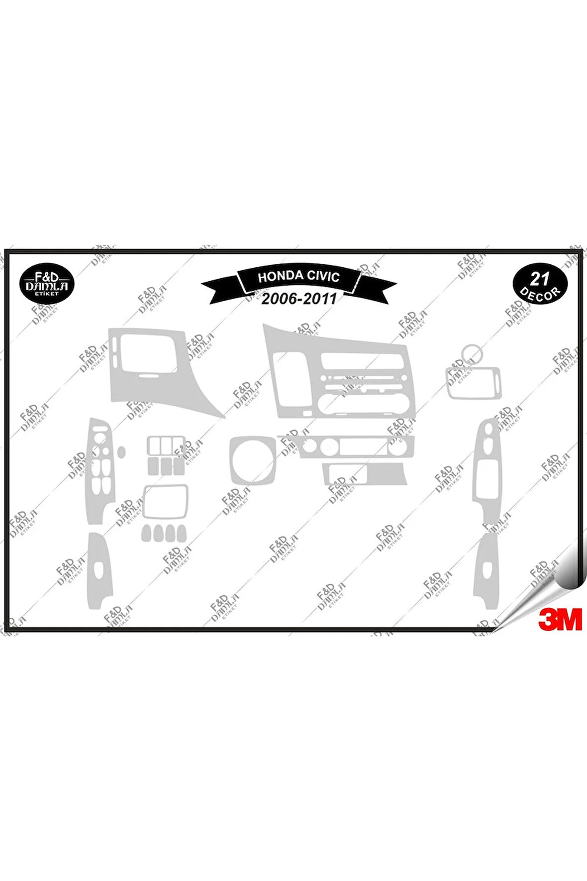 Honda Civic 2006-2011 Torpido Konsol Trim Göğüs Maun Kaplama Set 21 Parça Gümüş