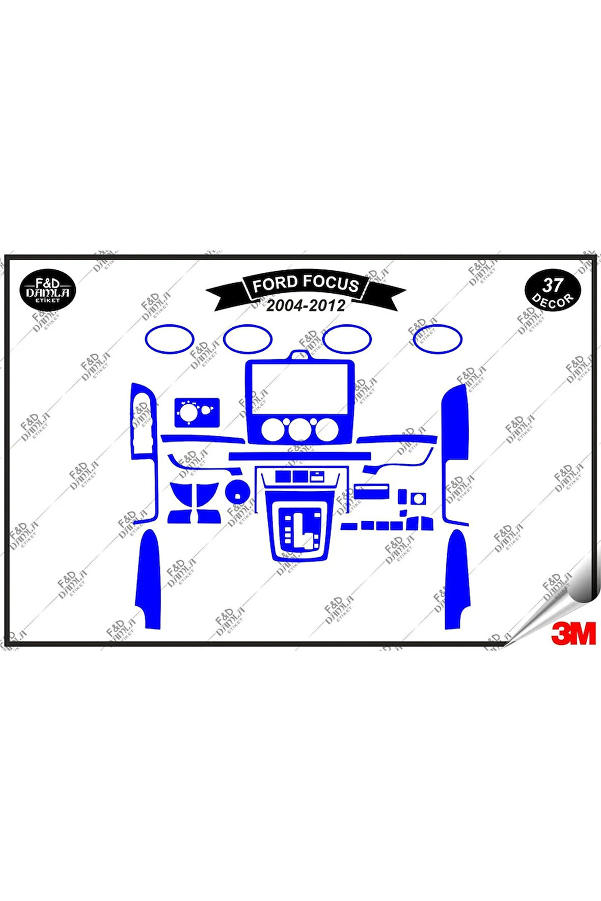 Ford Focus 2004-2012 Torpido Konsol Trim Göğüs Maun Kaplama Set 37 Parça Mavi