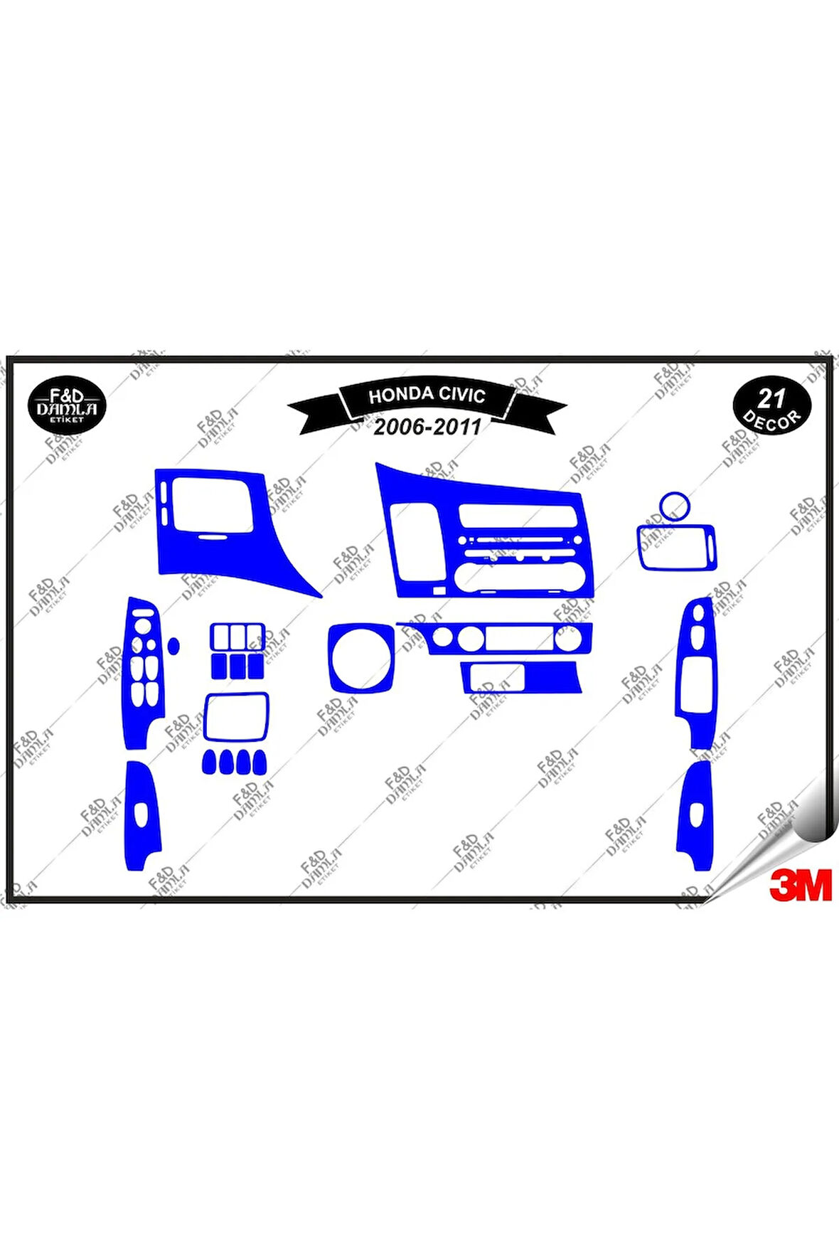 Honda Civic 2006-2011 Torpido Konsol Trim Göğüs Maun Kaplama Set 21 Parça Mavi
