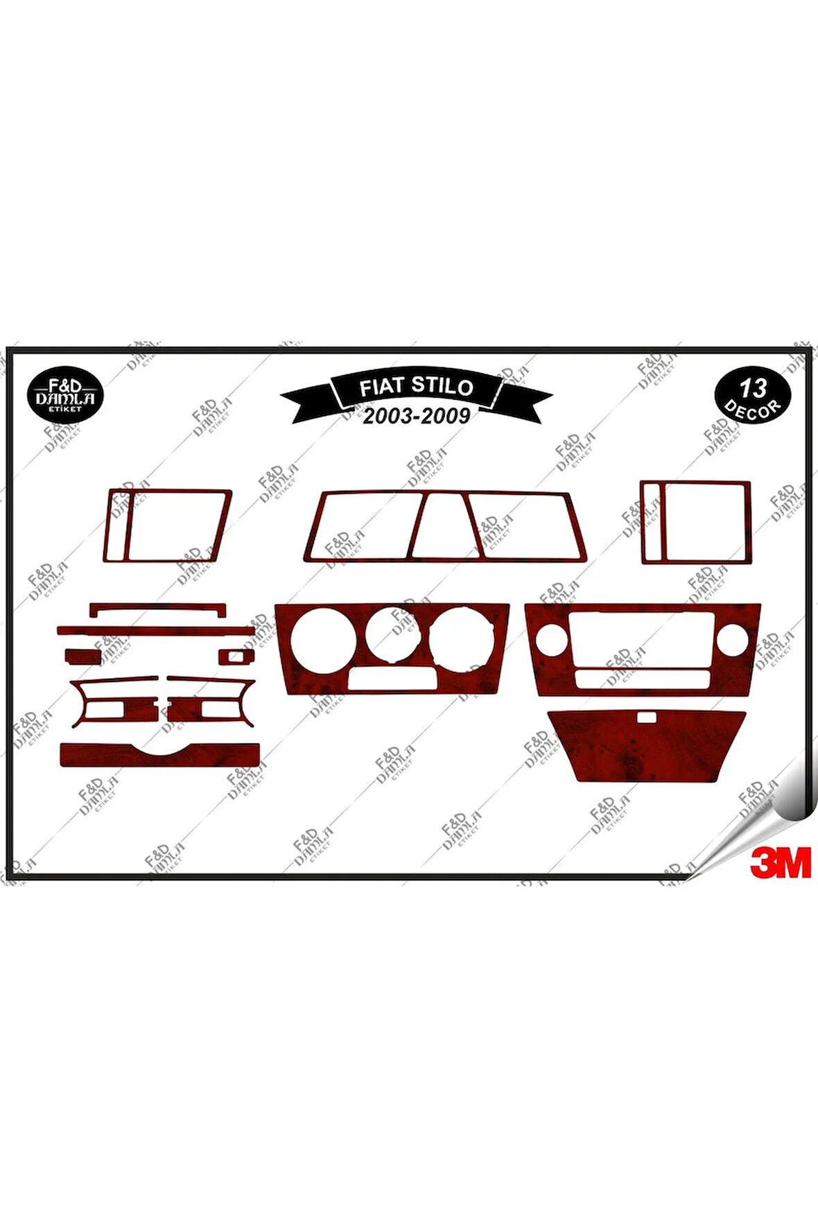 Fiat Stilo 2003-2009 Torpido Konsol Trim Göğüs Maun Kaplama Set13 Parça Maun